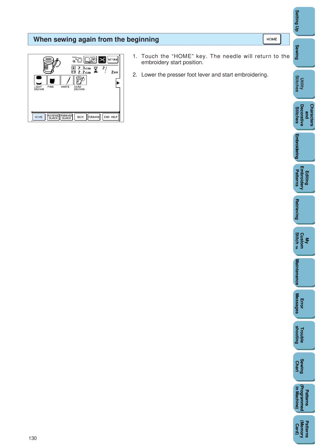 Brother PC 8500 manual When sewing again from the beginning, 130 