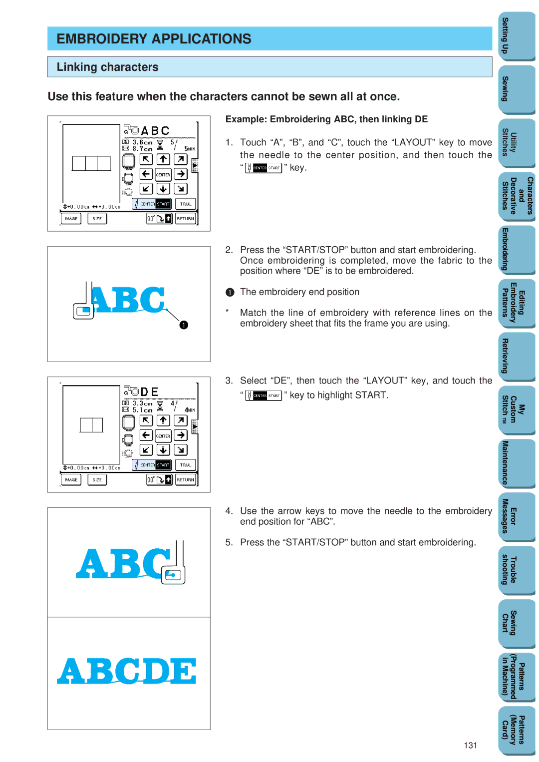 Brother PC 8500 manual Embroidery Applications, Example Embroidering ABC, then linking DE, 131 