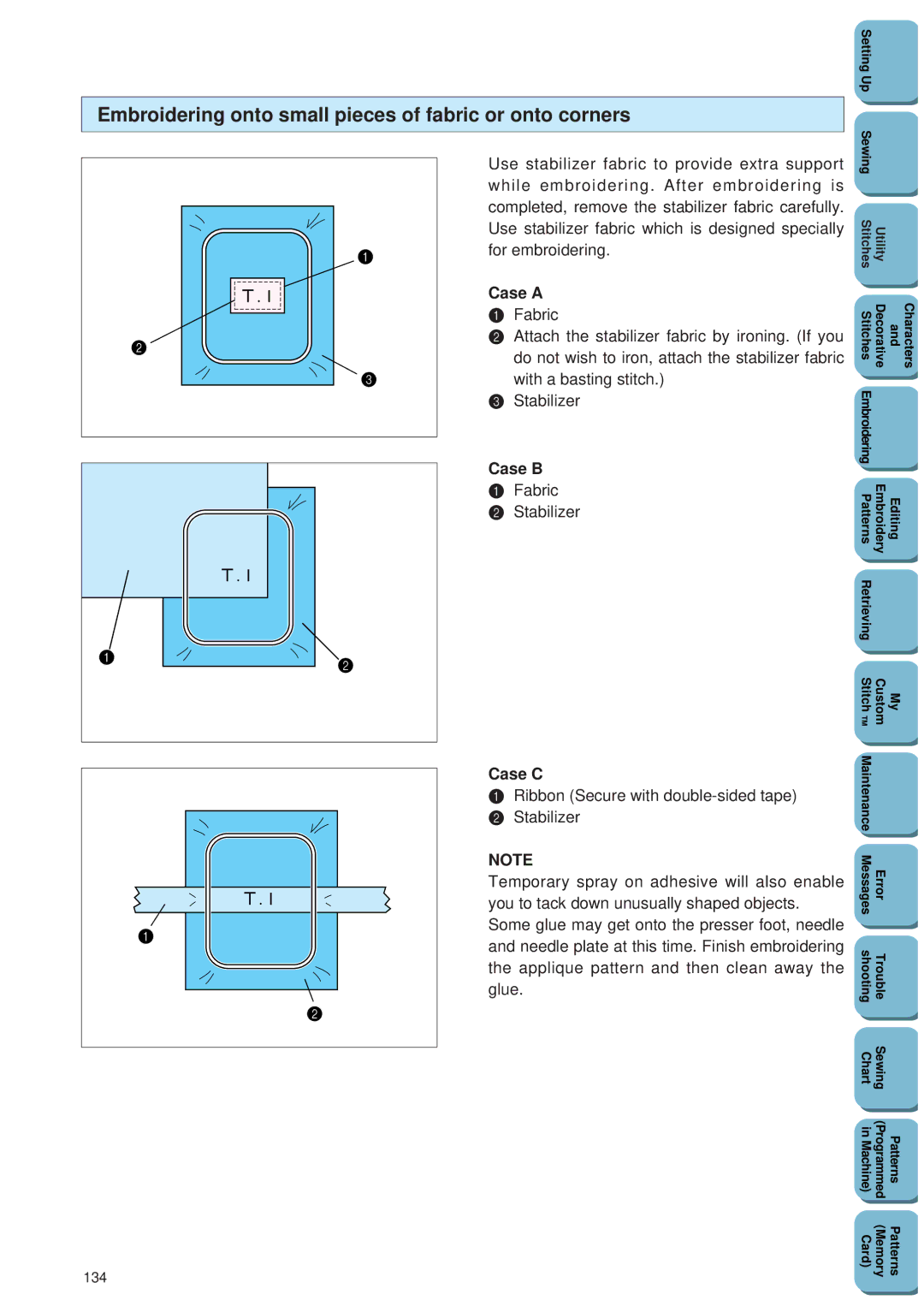 Brother PC 8500 manual Embroidering onto small pieces of fabric or onto corners, Case a, Case B, Case C 