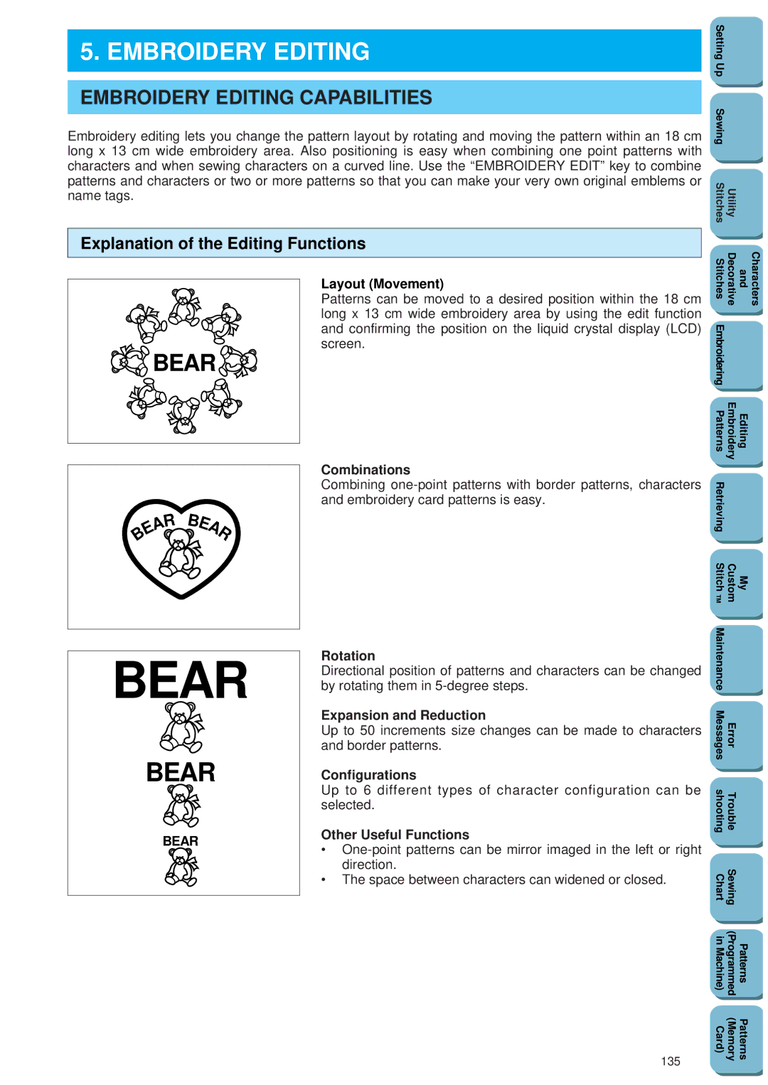 Brother PC 8500 manual Embroidery Editing Capabilities, Explanation of the Editing Functions 