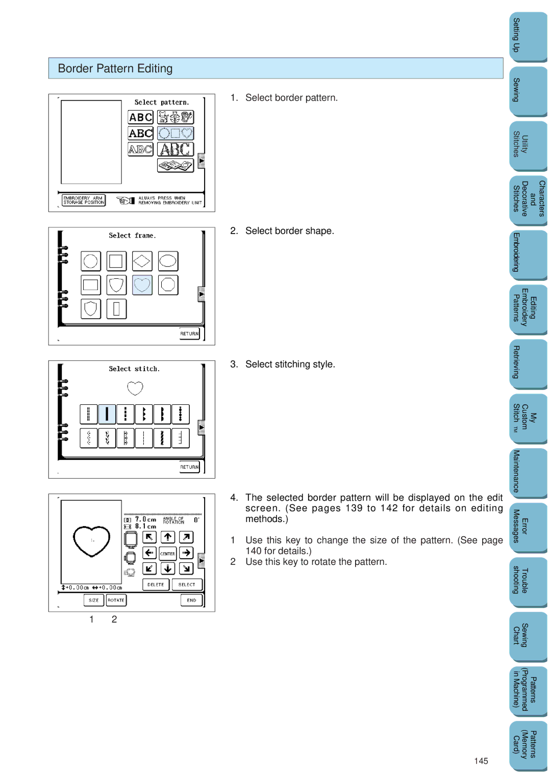 Brother PC 8500 manual Border Pattern Editing, 145 