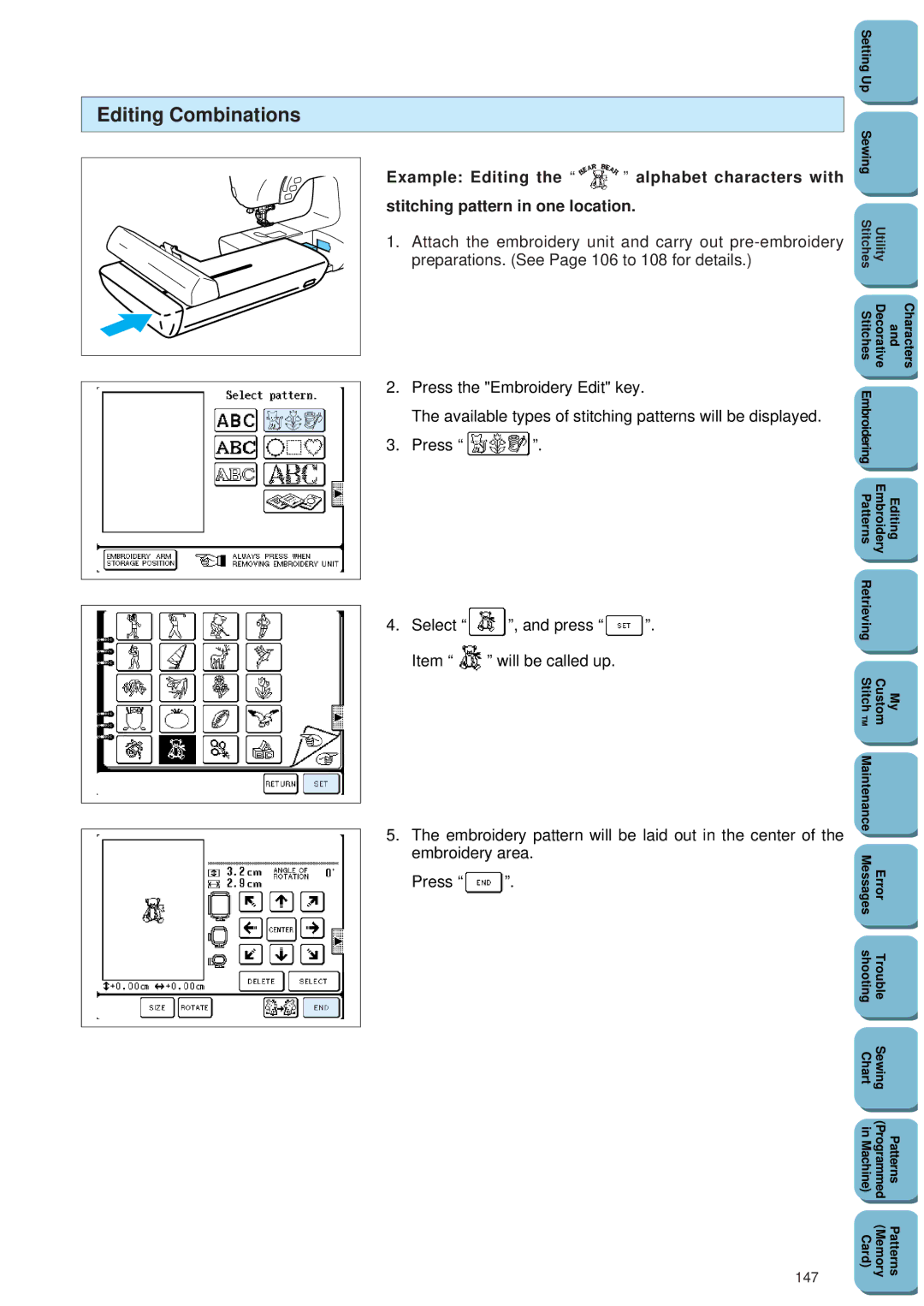 Brother PC 8500 manual Editing Combinations, 147 