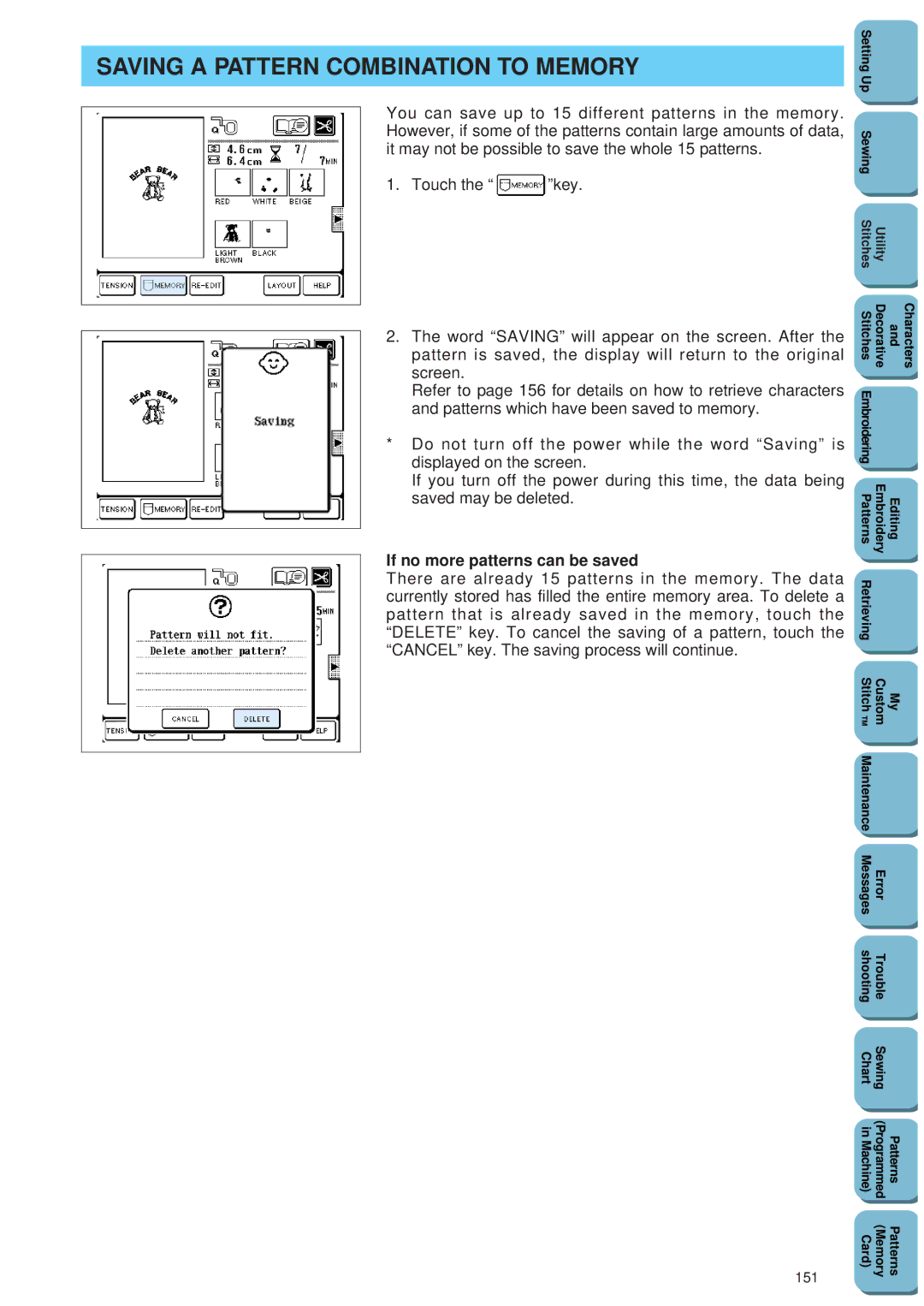 Brother PC 8500 manual Saving a Pattern Combination to Memory, If no more patterns can be saved, 151 