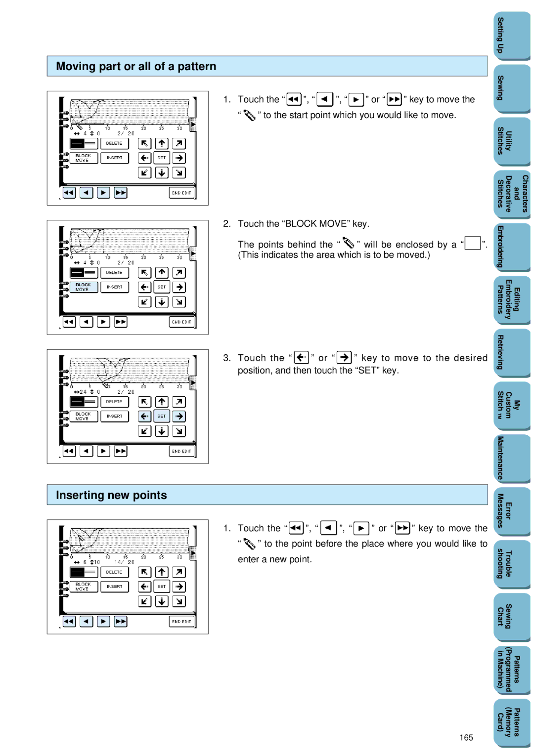 Brother PC 8500 manual Moving part or all of a pattern, Inserting new points, Touch the , , or Key to move, 165 