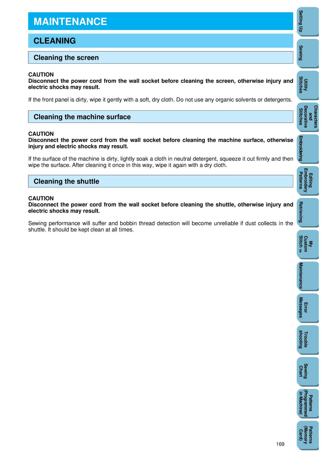 Brother PC 8500 manual Maintenance, Cleaning the screen, Cleaning the machine surface, Cleaning the shuttle 