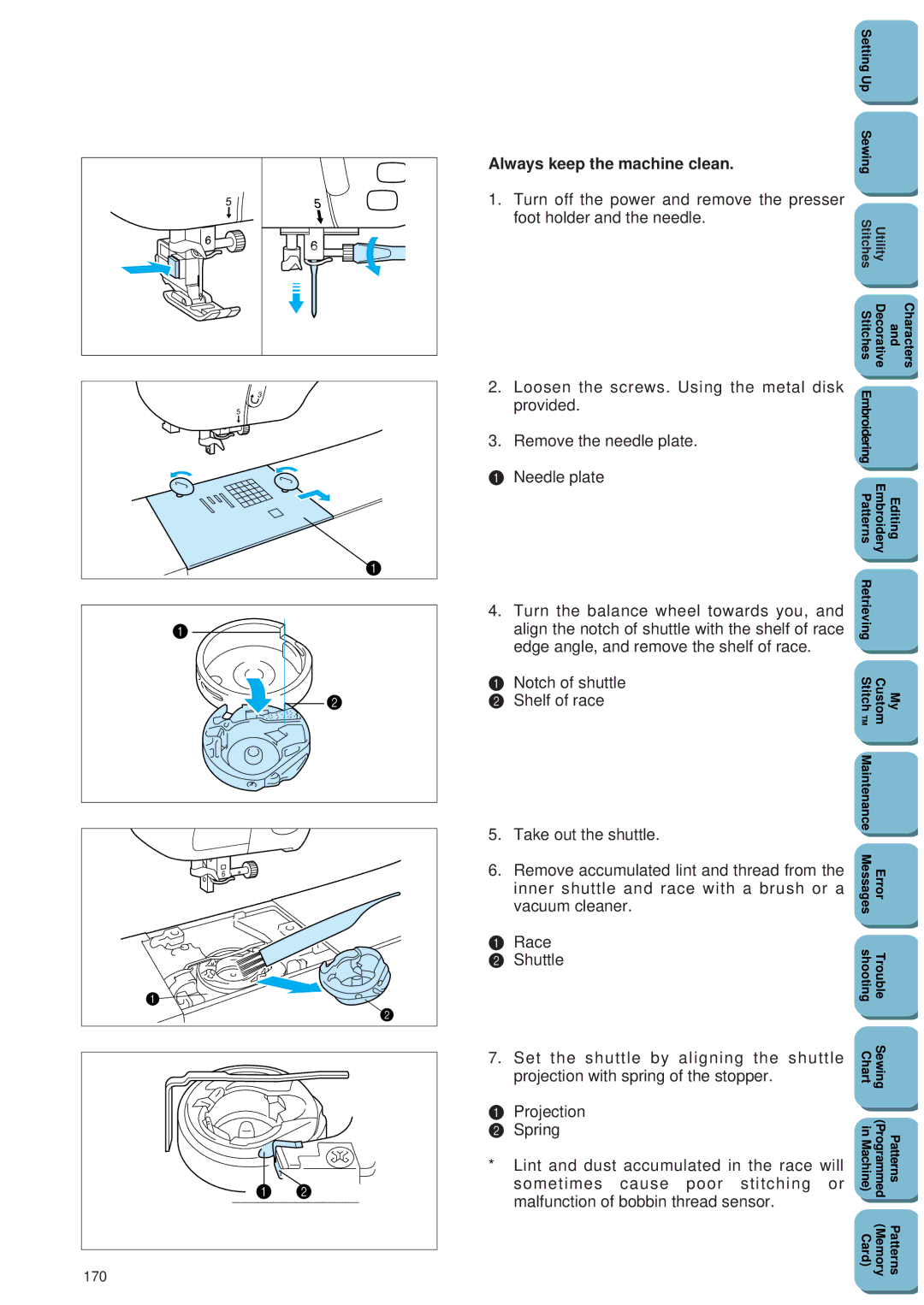 Brother PC 8500 manual Always keep the machine clean, 170 