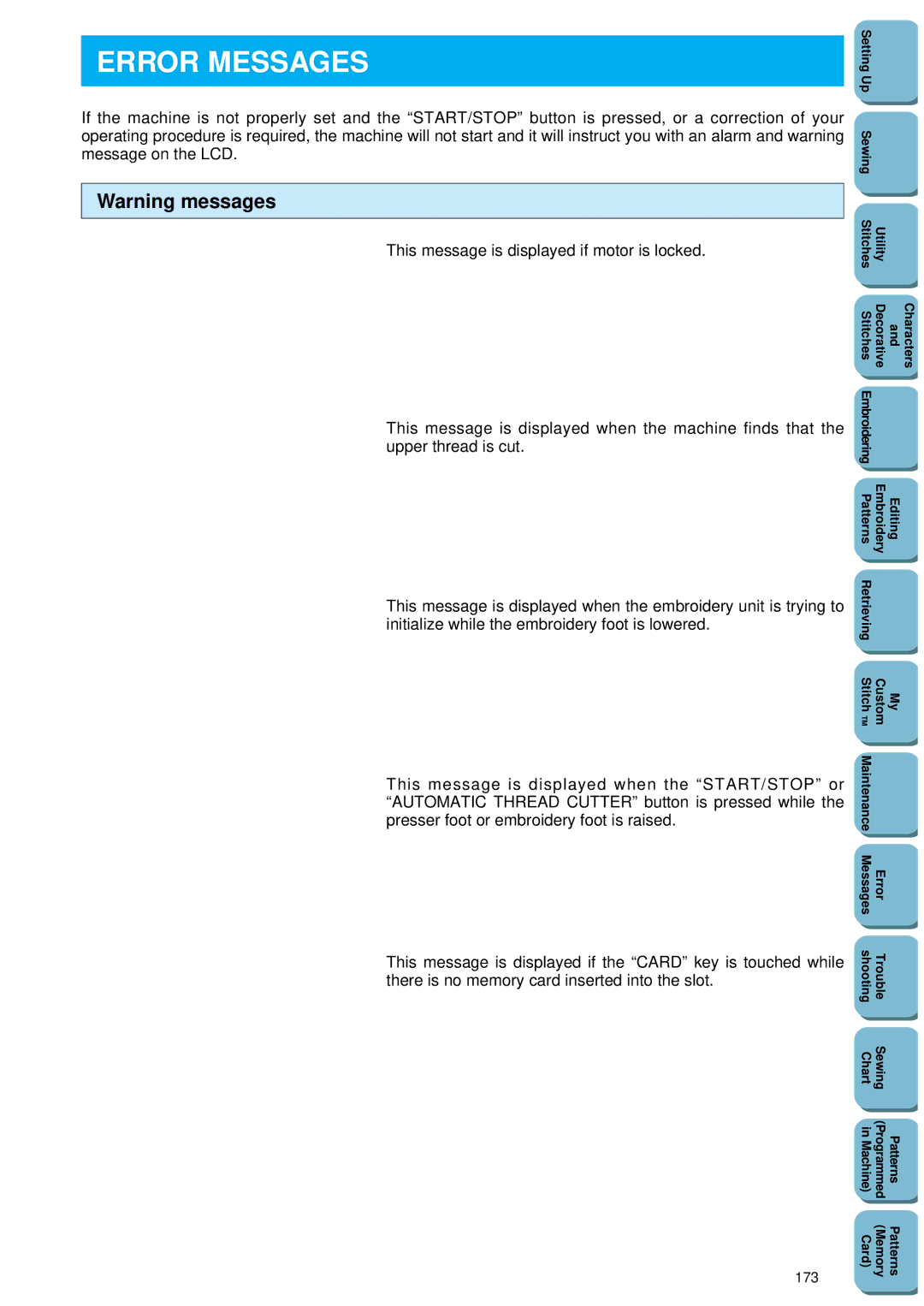 Brother PC 8500 manual Error Messages, 173 