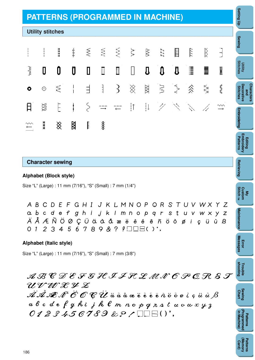 Brother PC 8500 manual Patterns Programmed in Machine, Utility stitches Character sewing, 186 