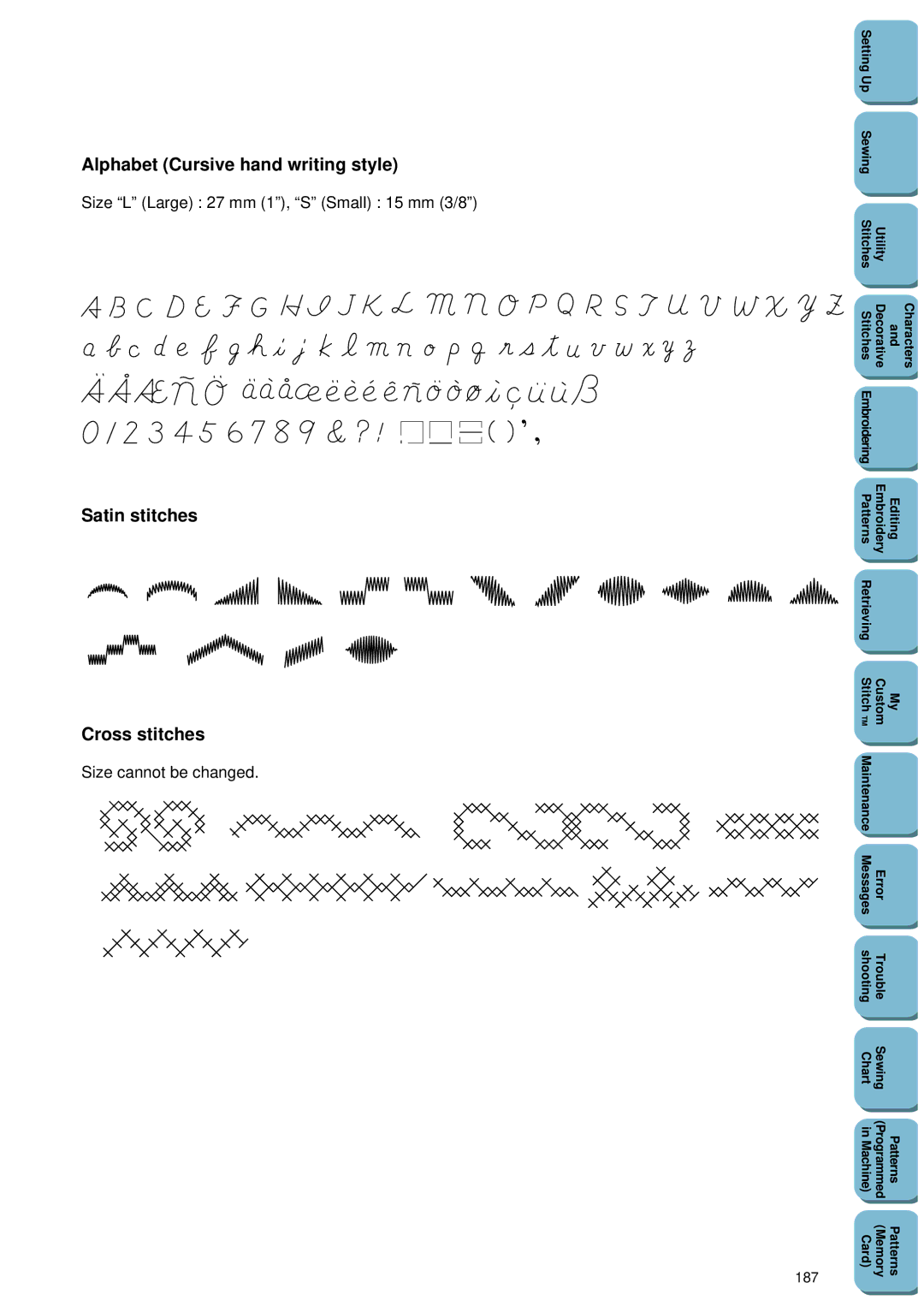 Brother PC 8500 manual Size L Large 27 mm 1, S Small 15 mm 3/8, Size cannot be changed, 187 