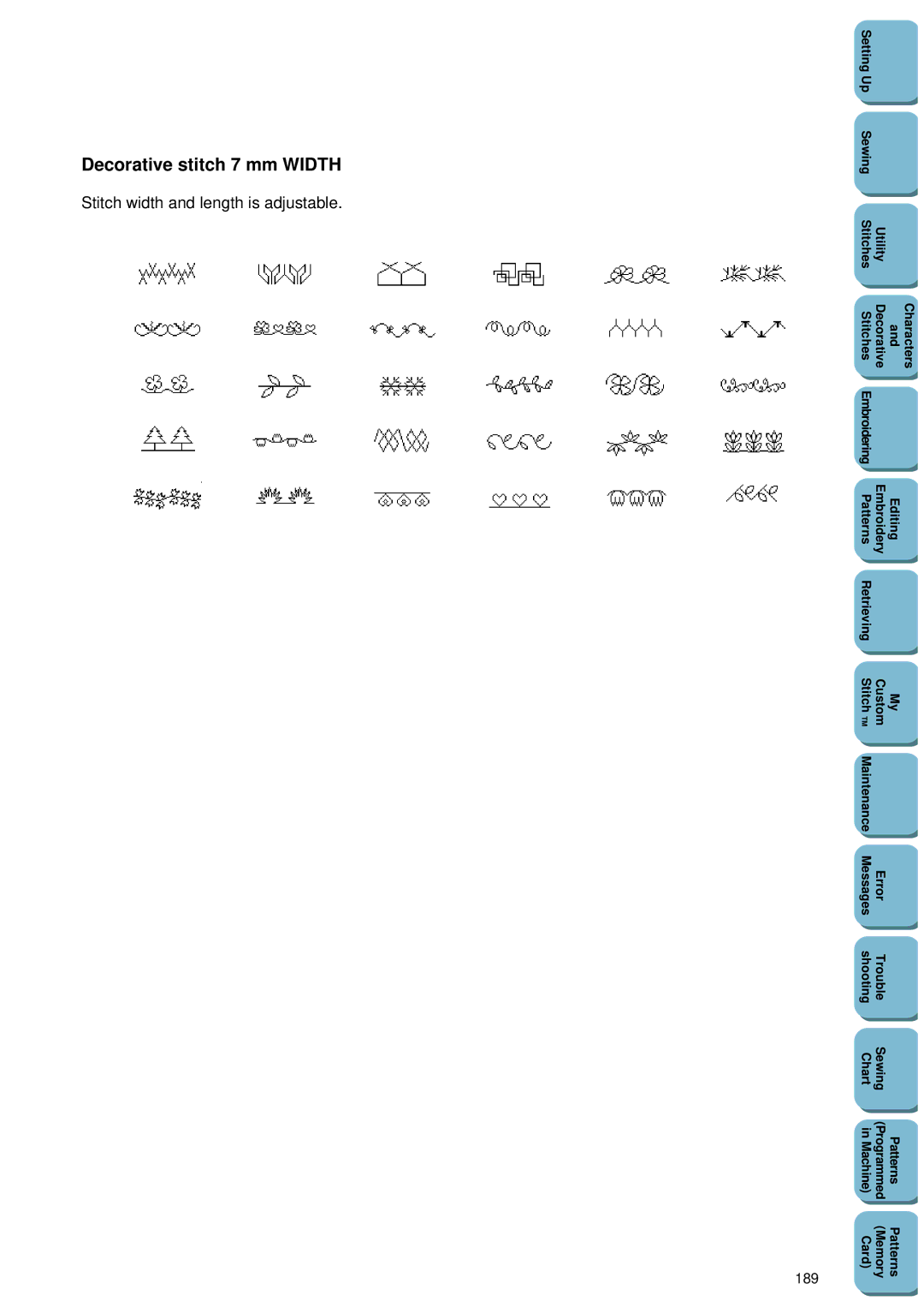 Brother PC 8500 manual Stitch width and length is adjustable, 189 