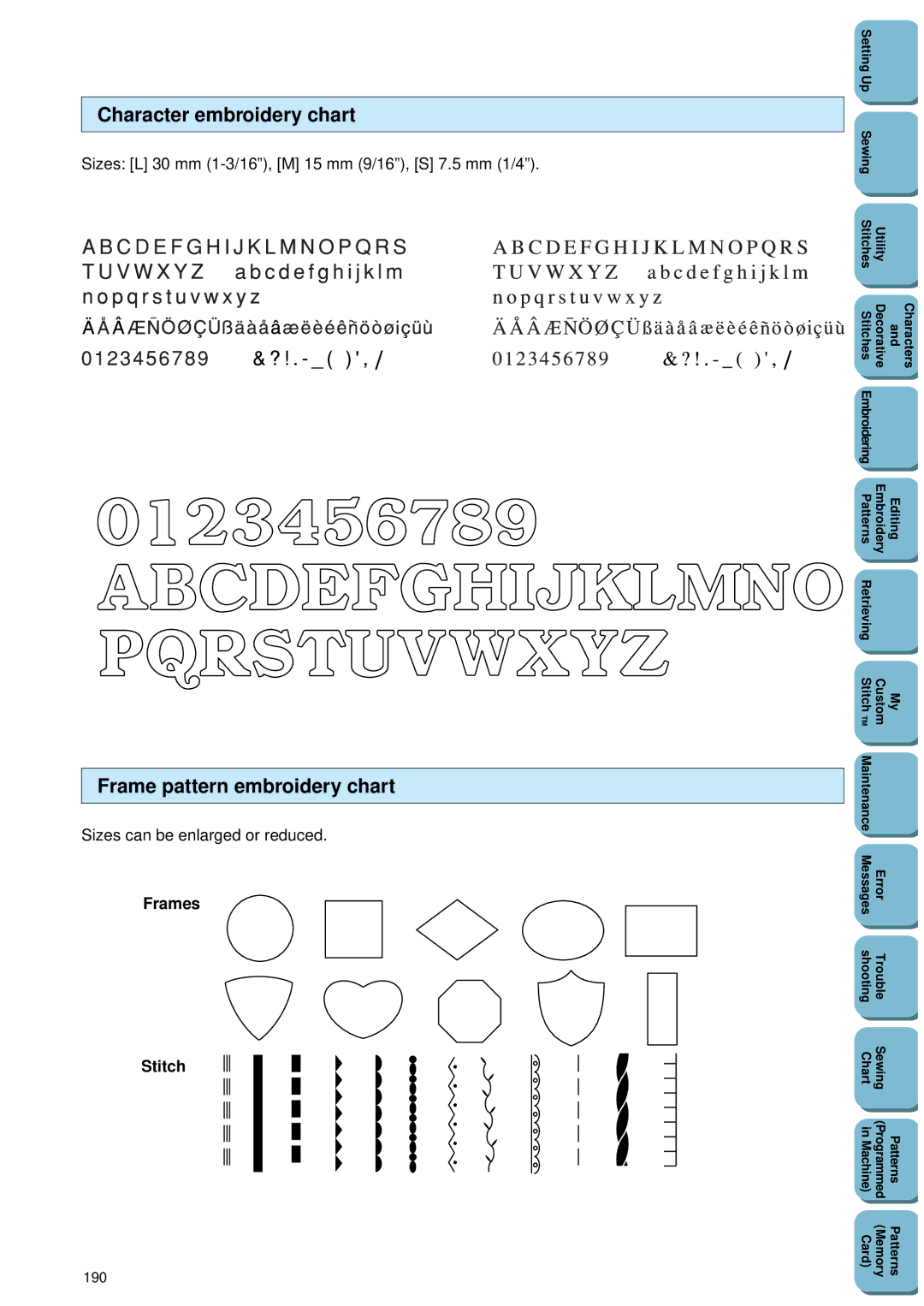 Brother PC 8500 manual Character embroidery chart, Frame pattern embroidery chart, Sizes can be enlarged or reduced 