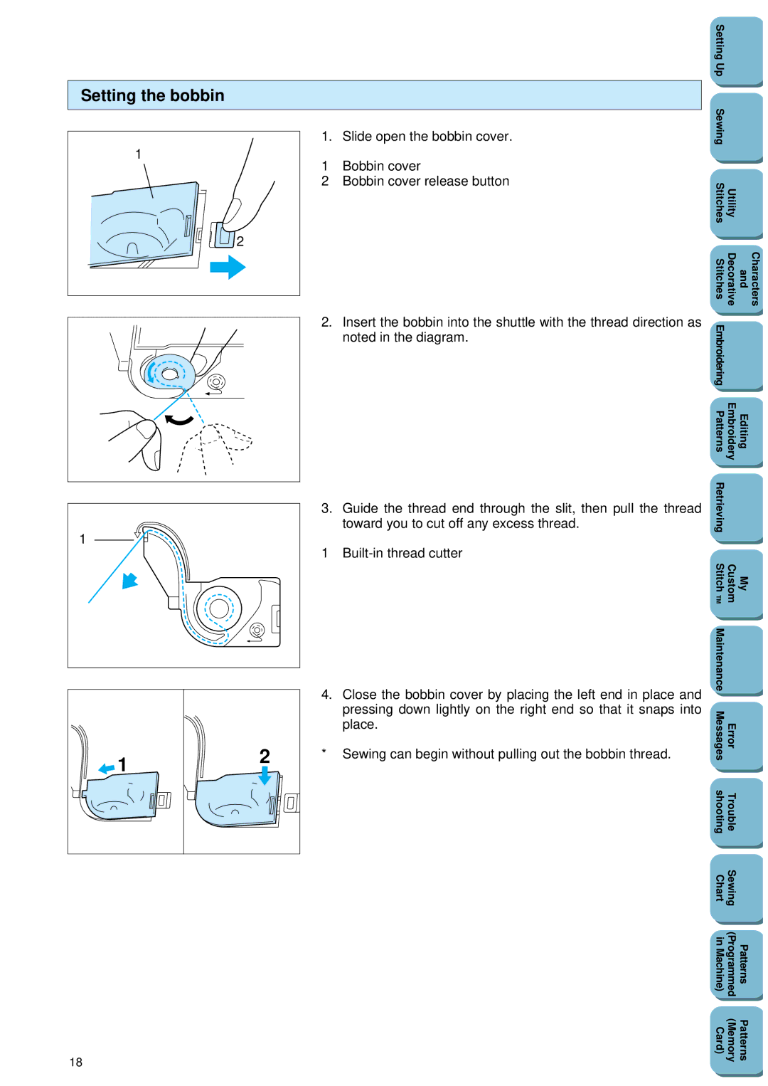 Brother PC 8500 manual Setting the bobbin, Utility Stitches Decorative Characters 