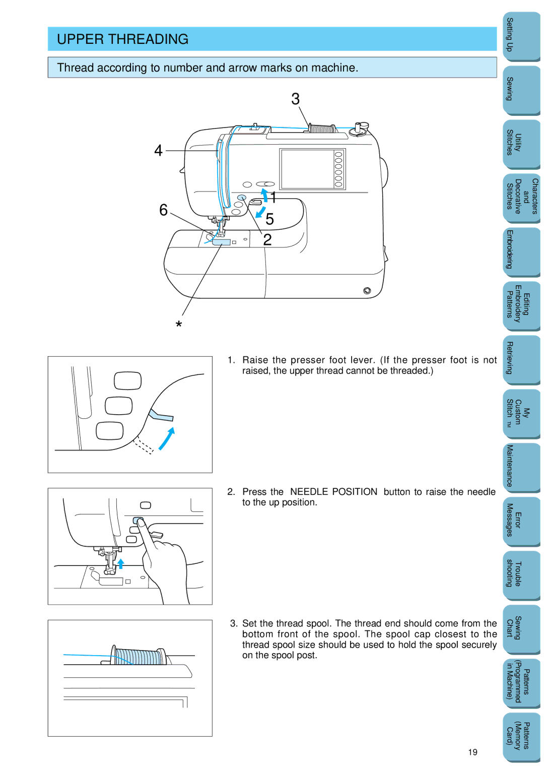 Brother PC 8500 manual Upper Threading, Thread according to number and arrow marks on machine, On the spool post 