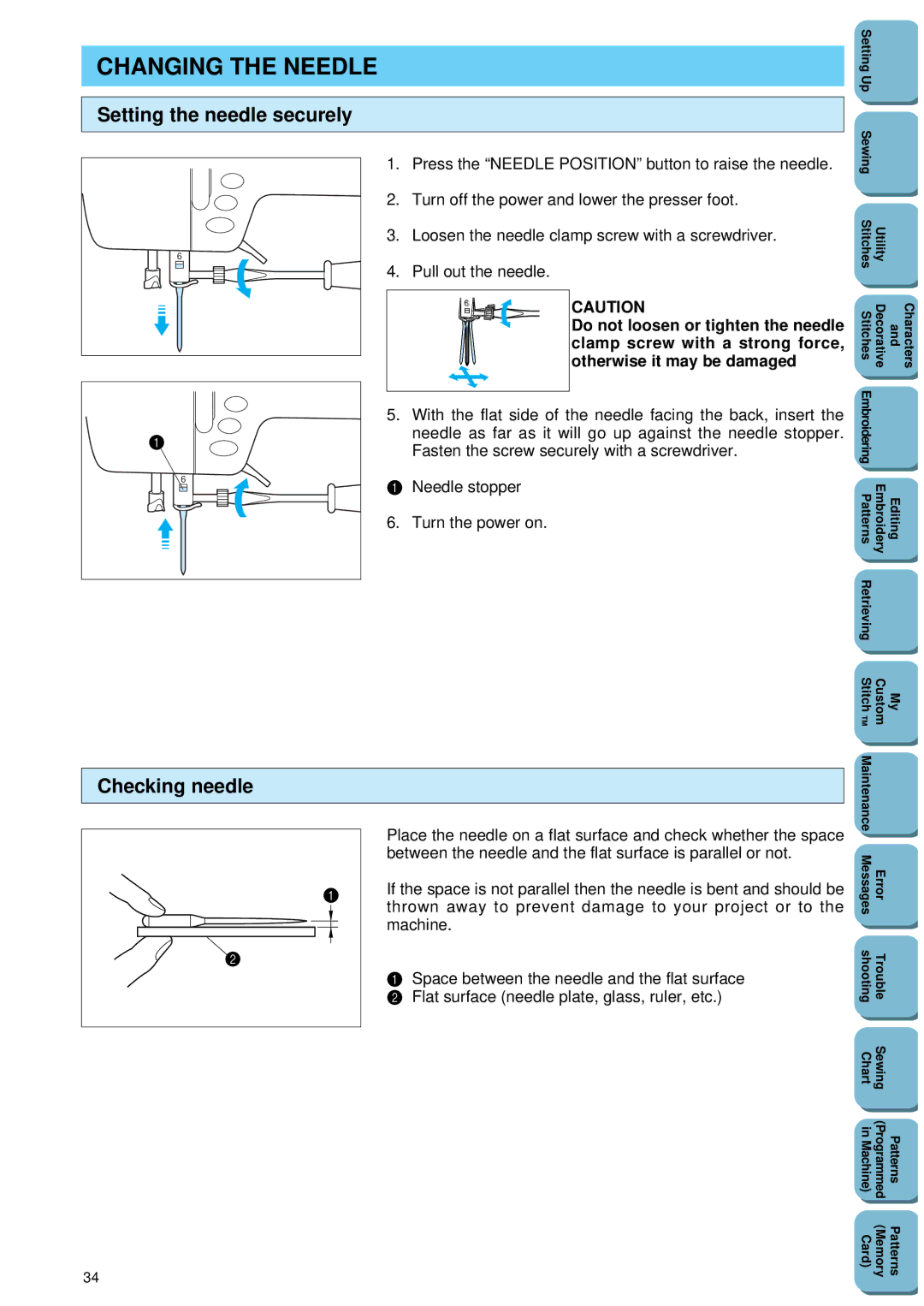 Brother PC 8500 manual Changing the Needle, Setting the needle securely, Checking needle 