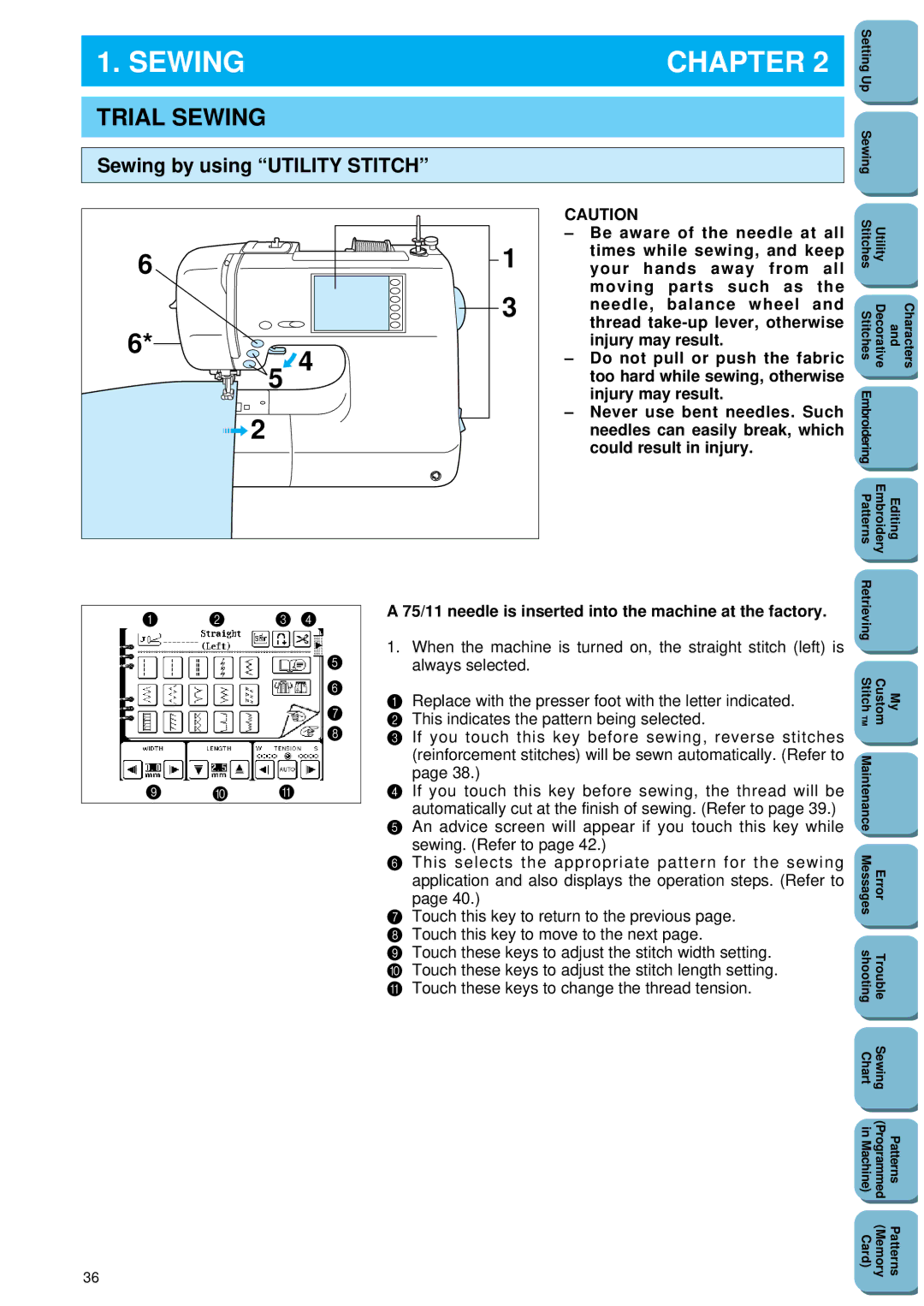 Brother PC 8500 manual Trial Sewing, Sewing by using Utility Stitch 