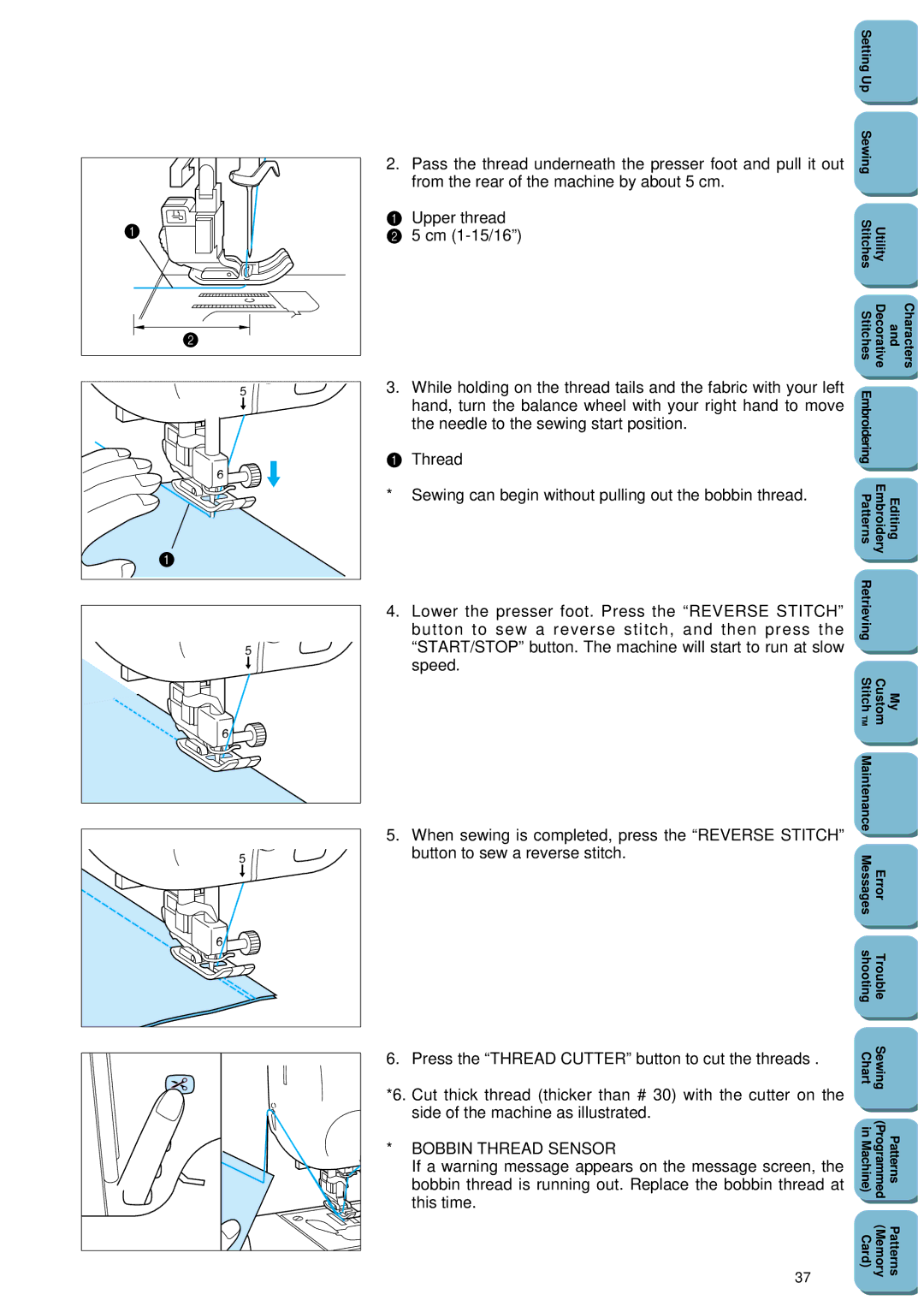 Brother PC 8500 manual From the rear of the machine by about 5 cm Upper thread, Cm 1-15/16 