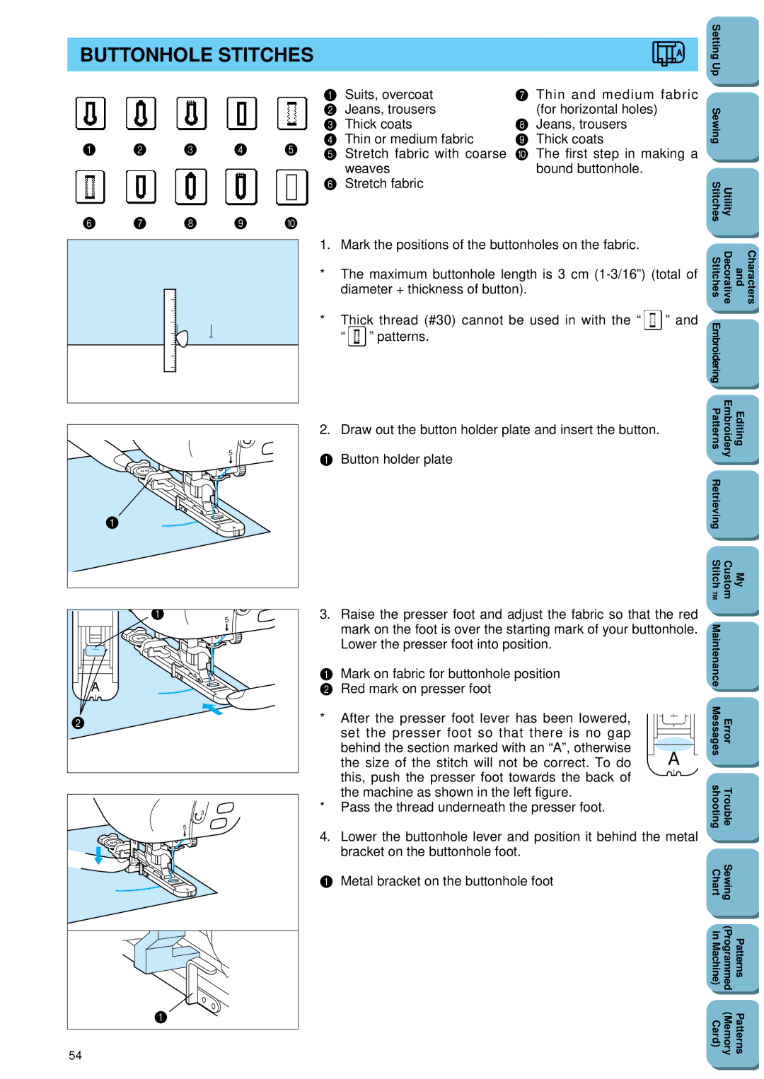 Brother PC 8500 manual Buttonhole Stitches, 3 4 8 9 