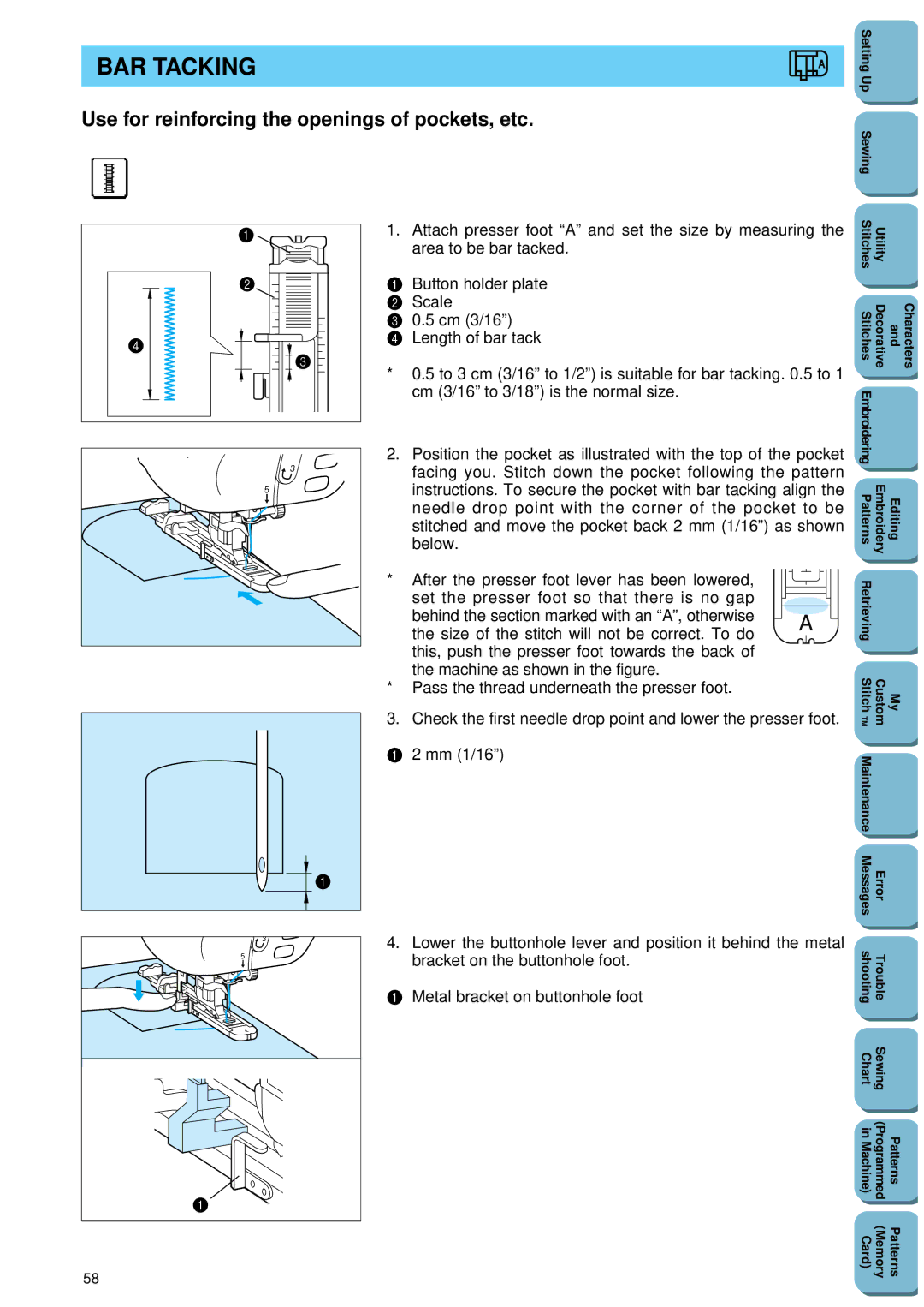 Brother PC 8500 manual BAR Tacking, Use for reinforcing the openings of pockets, etc 