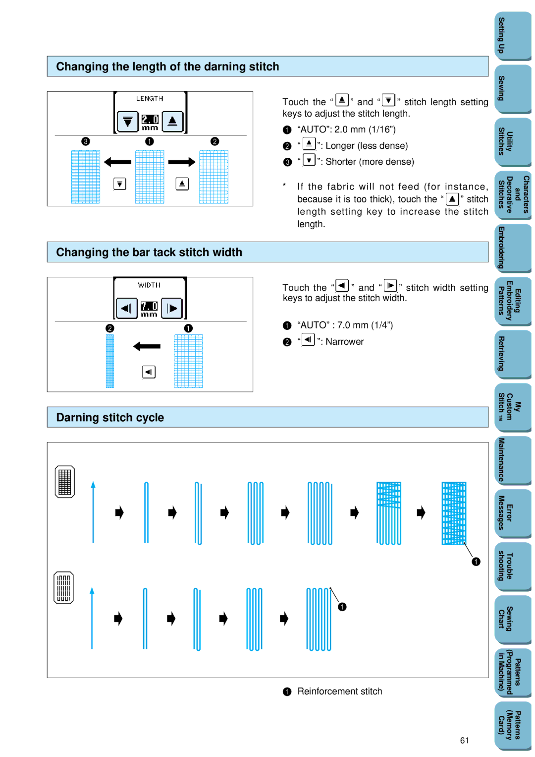 Brother PC 8500 manual Darning stitch cycle, Auto 7.0 mm 1/4, Narrower, Stitch width setting 