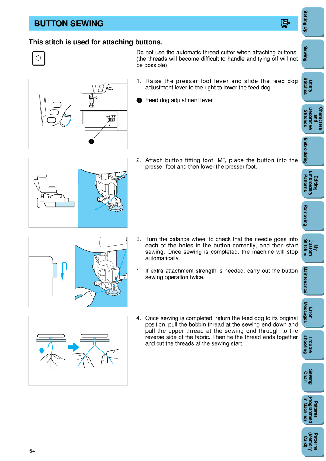 Brother PC 8500 manual Button Sewing, This stitch is used for attaching buttons 