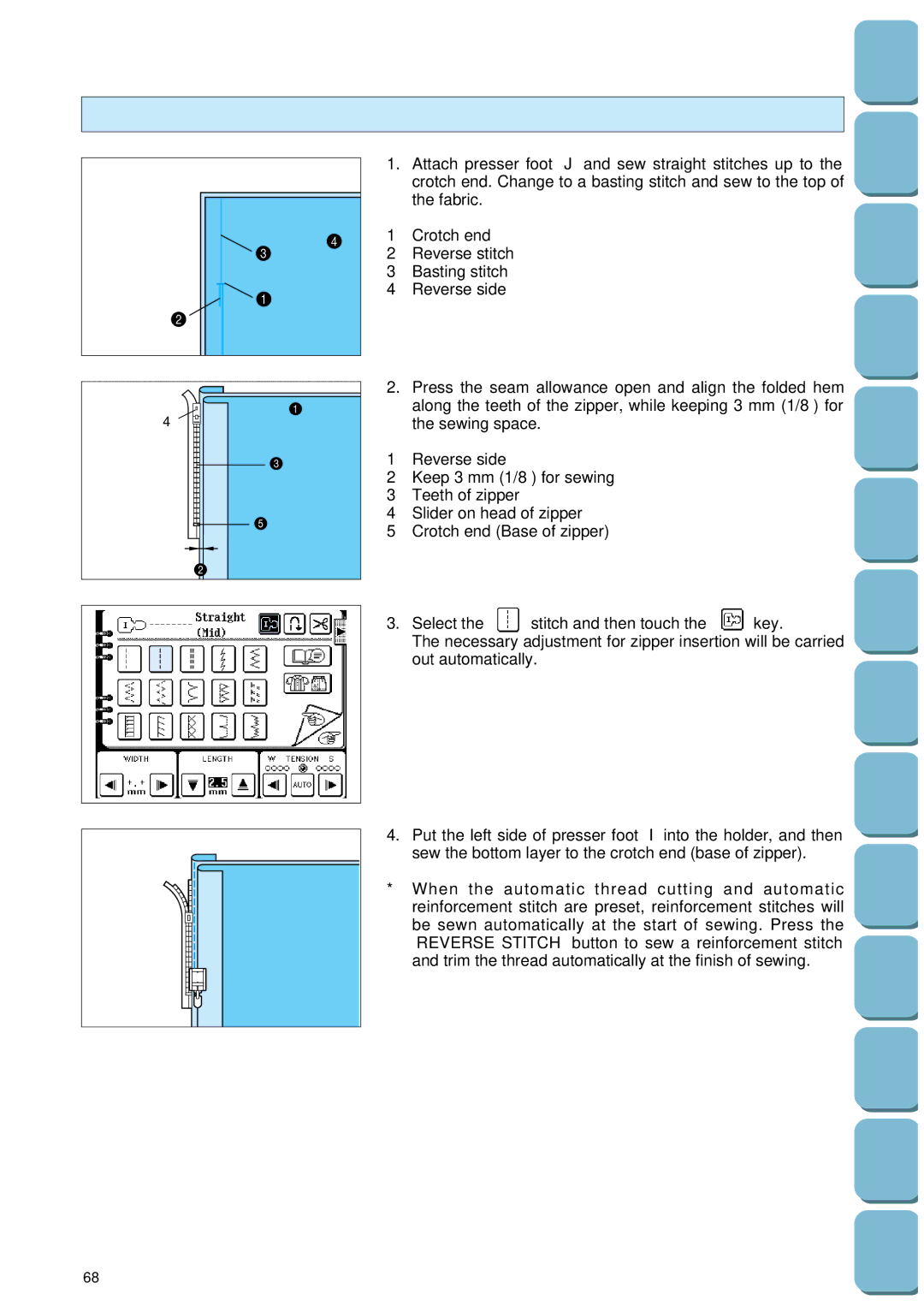 Brother PC 8500 manual Side application, Crotch end Reverse stitch Basting stitch Reverse side 