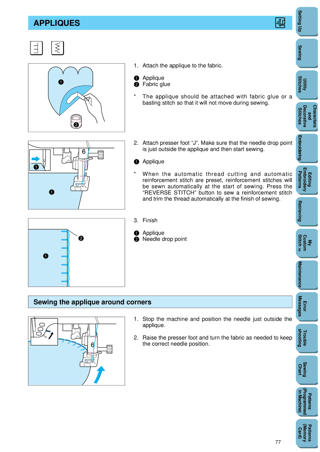 Brother PC 8500 manual Appliques, Sewing the applique around corners, Needle drop point 