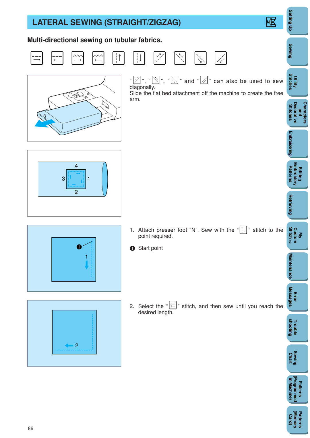 Brother PC 8500 manual Lateral Sewing STRAIGHT/ZIGZAG, Multi-directional sewing on tubular fabrics, Desired length 