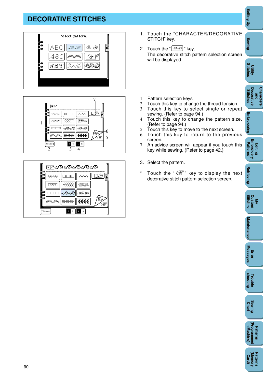 Brother PC 8500 manual Decorative Stitches, Touch the CHARACTER/DECORATIVE Stitch key 