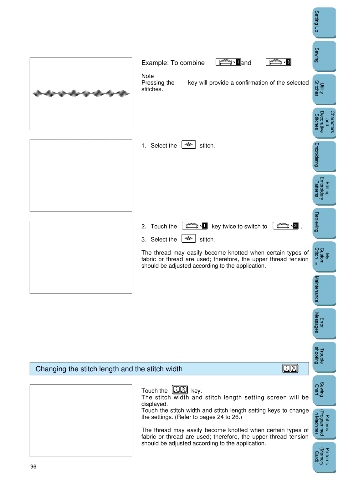 Brother PC 8500 manual Changing the stitch length and the stitch width, Stitch 