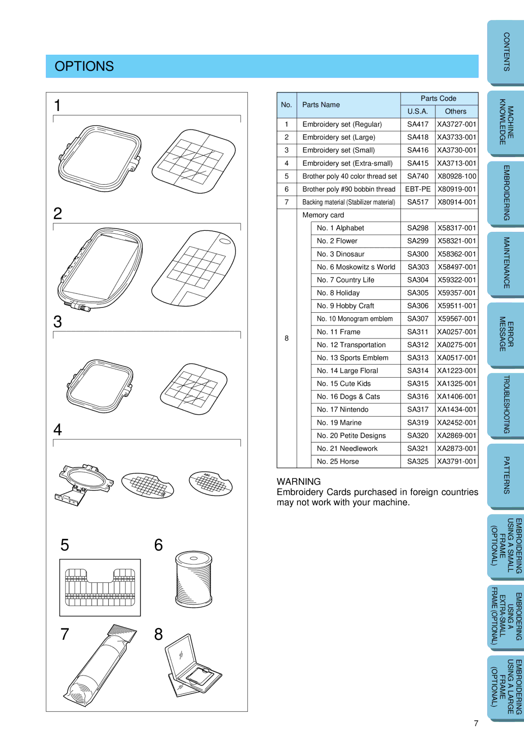 Brother PE 150 manual Options, Parts Name Parts Code Others 