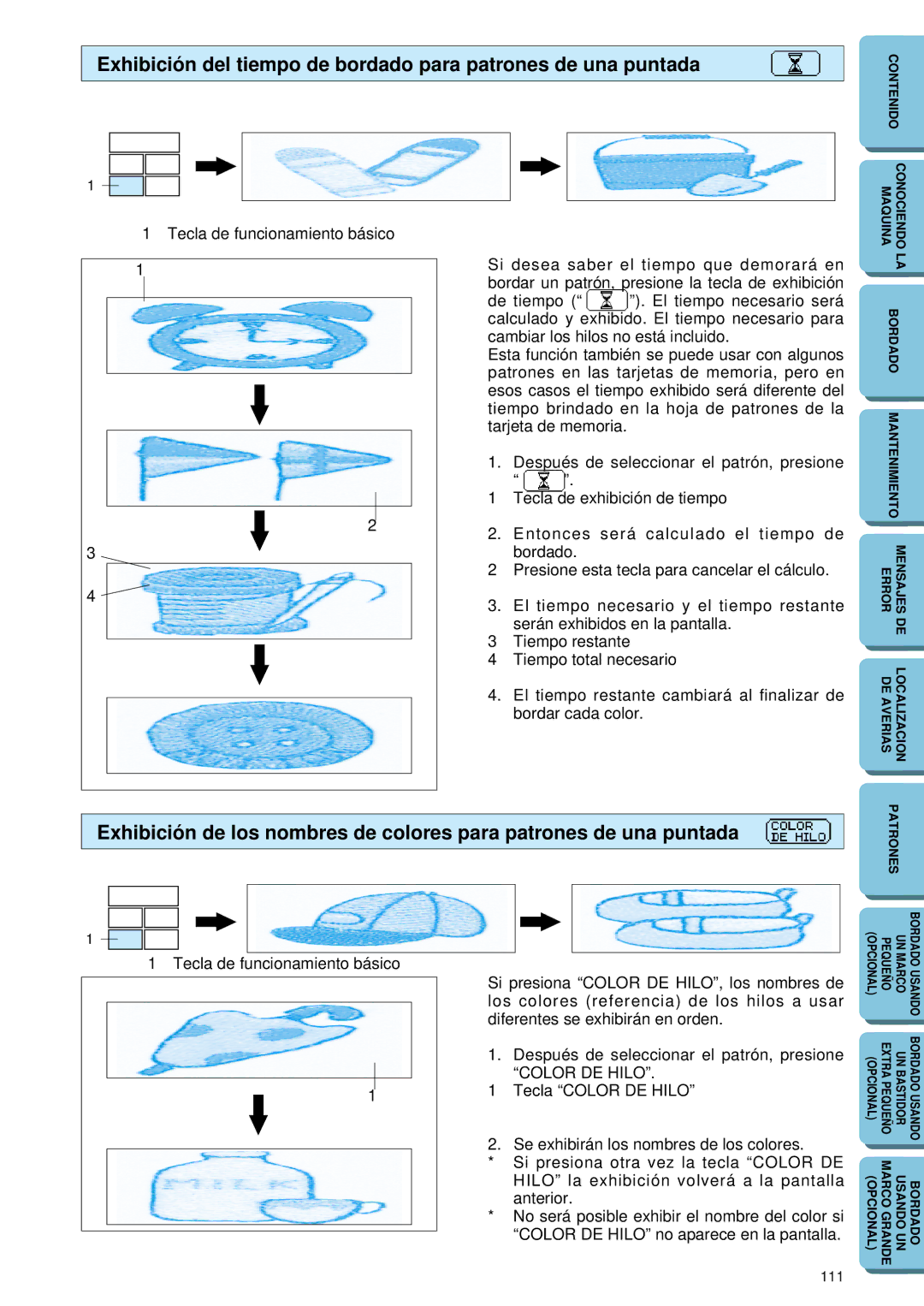 Brother PE 150 manual Tecla de funcionamiento básico, 111 