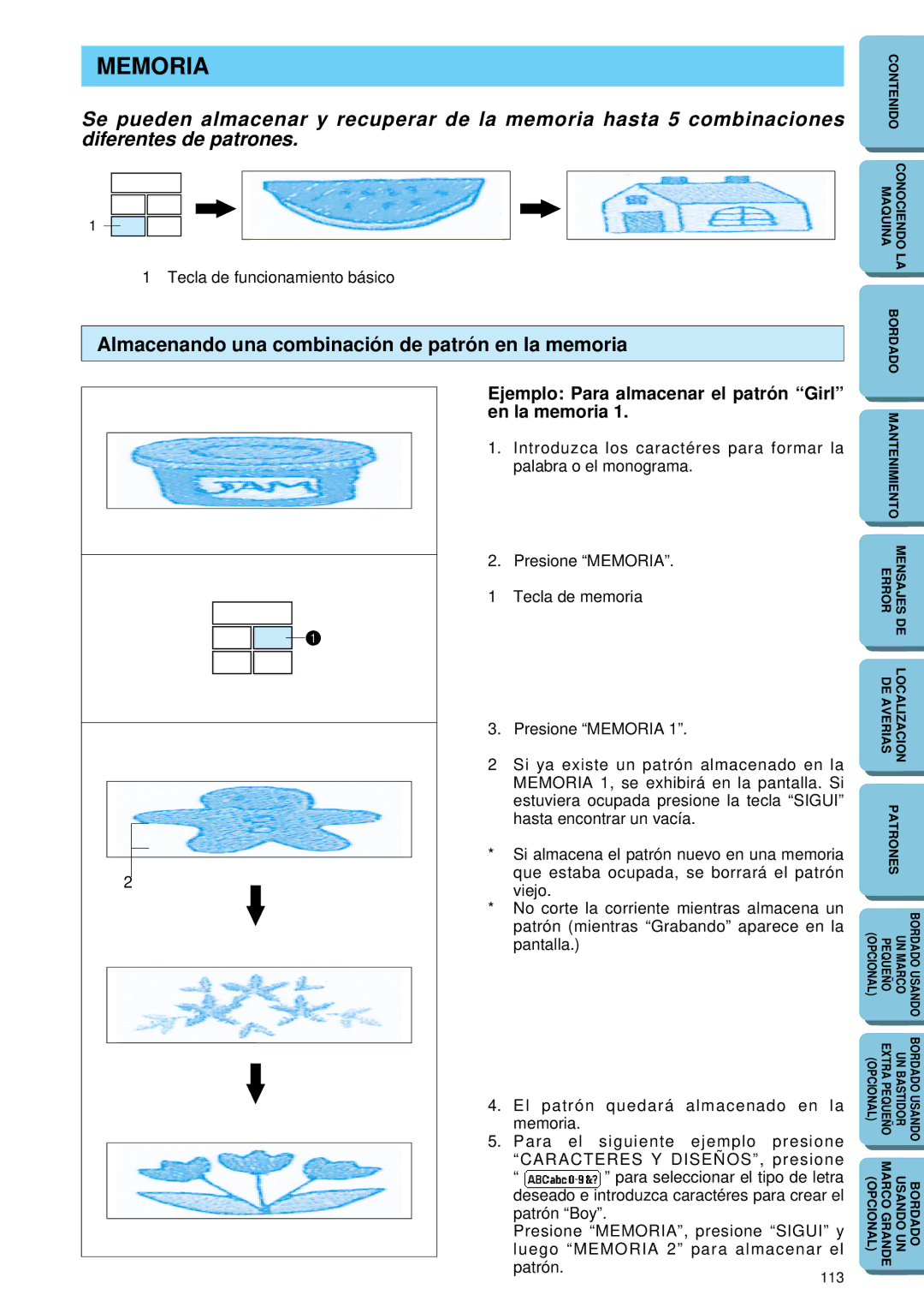 Brother PE 150 manual Memoria, Almacenando una combinación de patrón en la memoria 