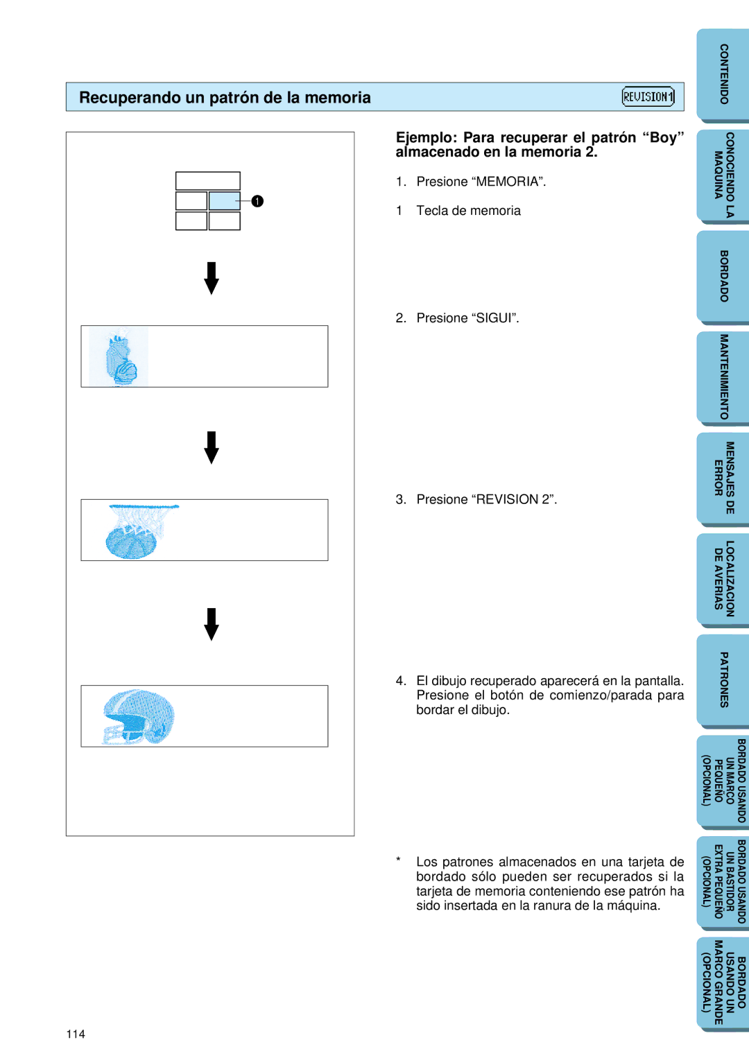 Brother PE 150 manual Recuperando un patrón de la memoria 