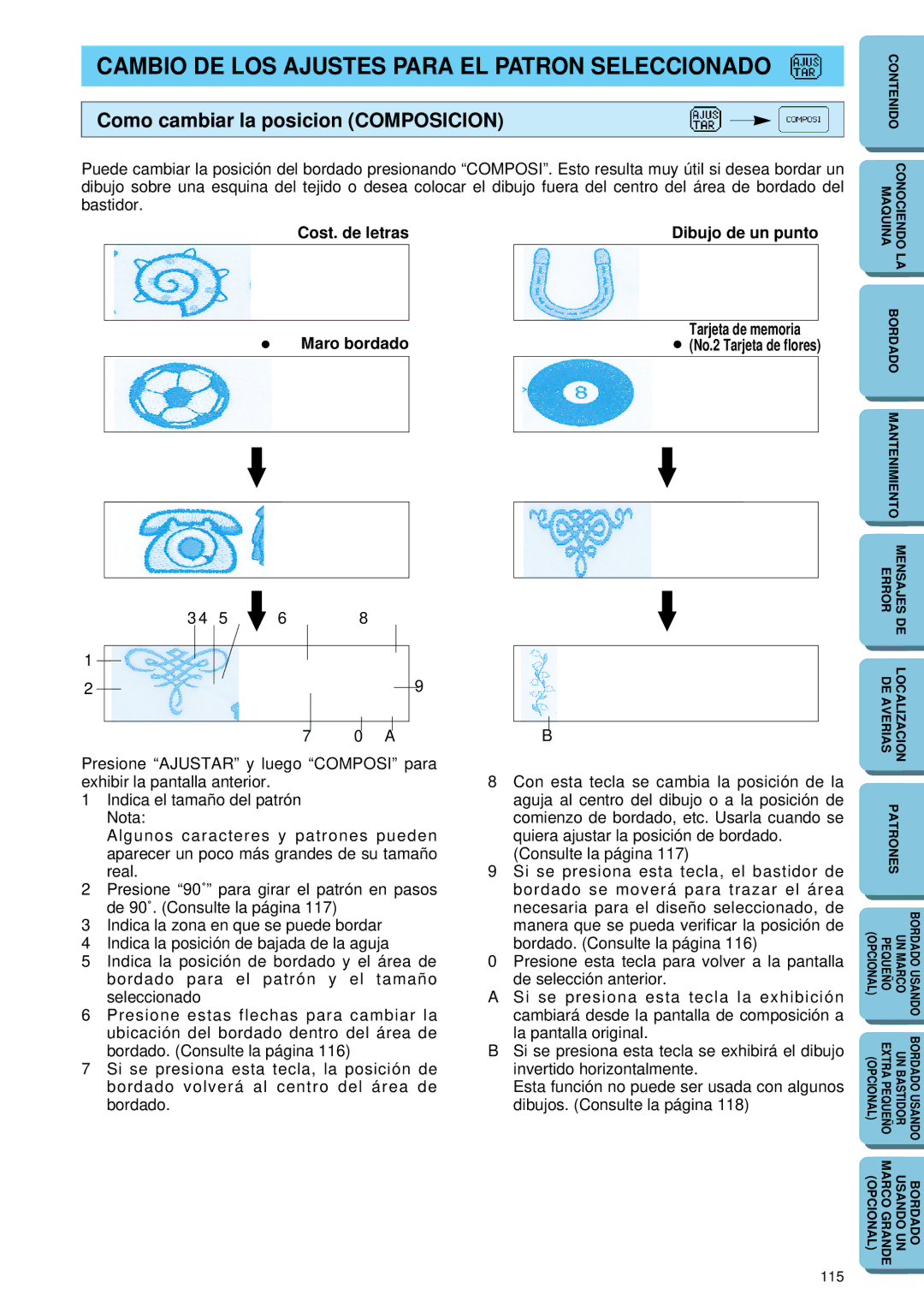 Brother PE 150 manual Cambio DE LOS Ajustes Para EL Patron Seleccionado, Como cambiar la posicion Composicion, Maro bordado 