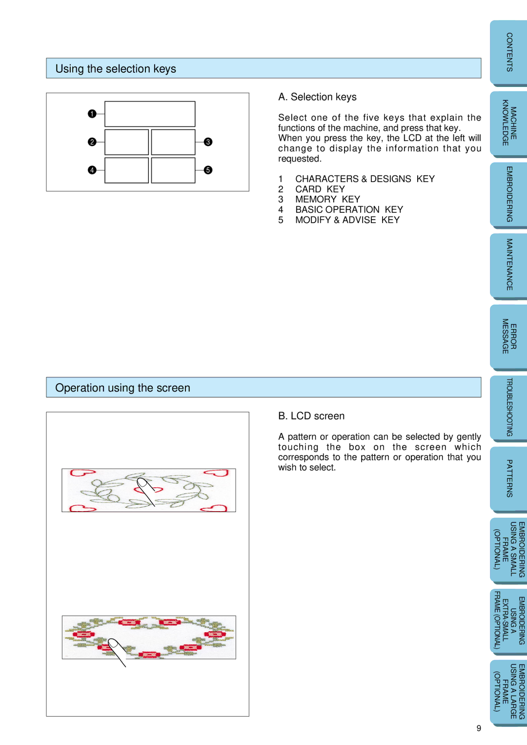 Brother PE 150 manual Using the selection keys, Operation using the screen, Selection keys, LCD screen 