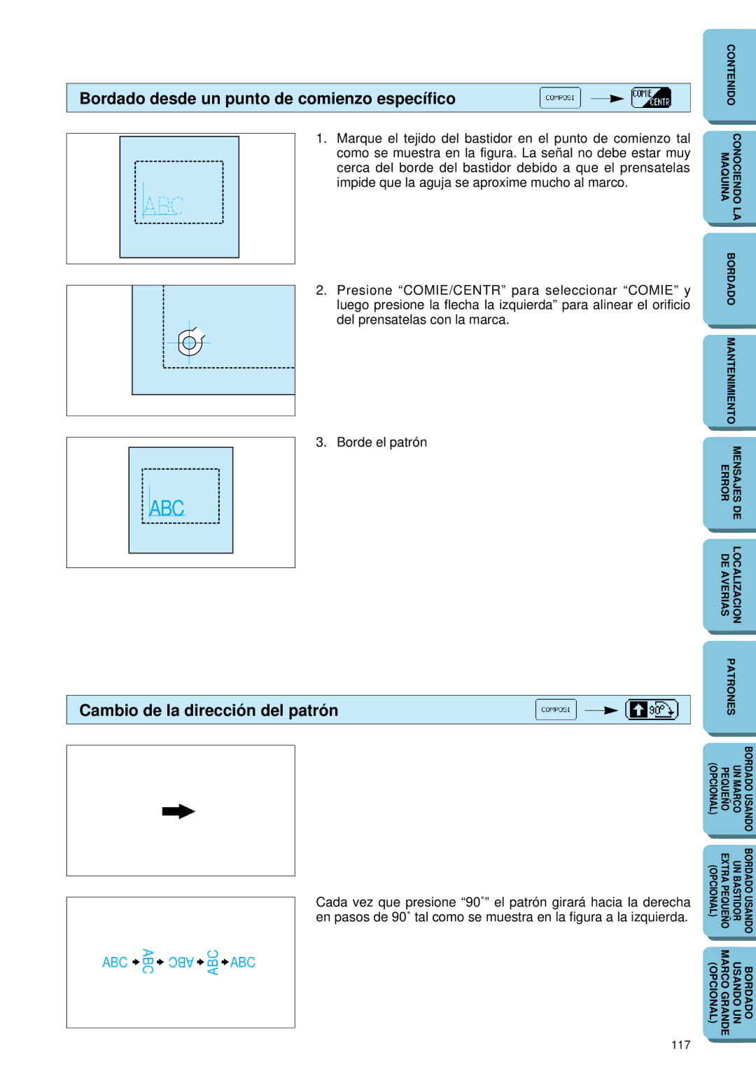 Brother PE 150 manual Bordado desde un punto de comienzo específico, Cambio de la dirección del patrón 