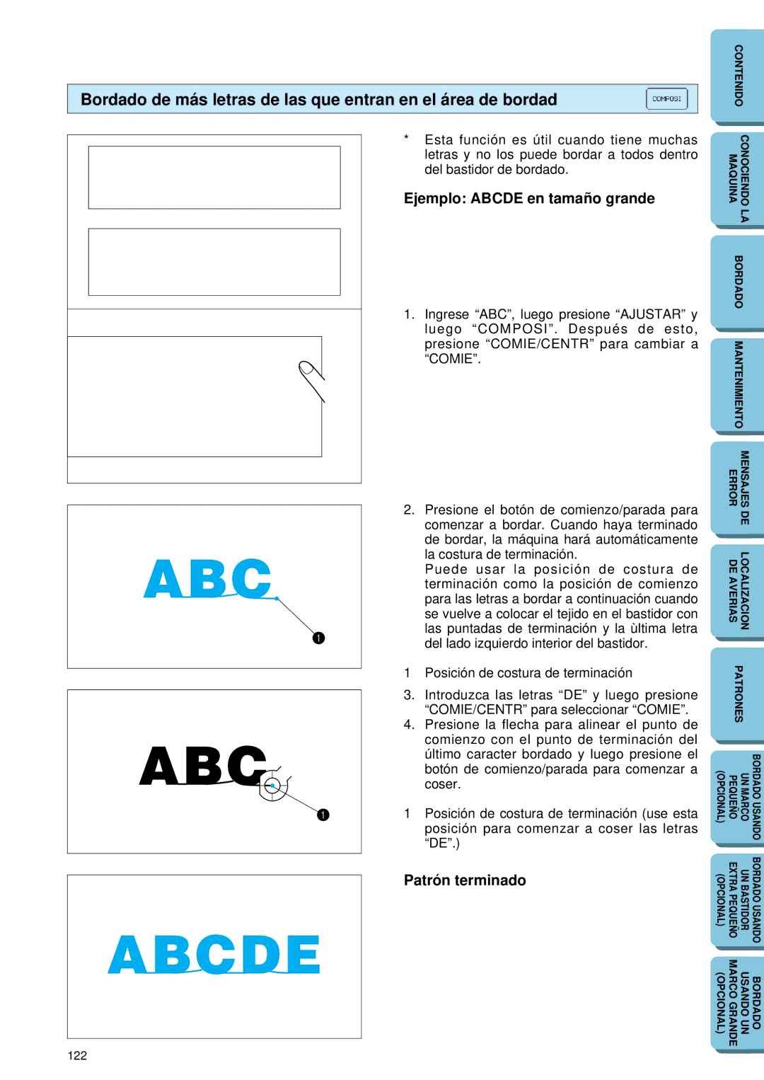 Brother PE 150 manual Ejemplo Abcde en tamaño grande, Patrón terminado 