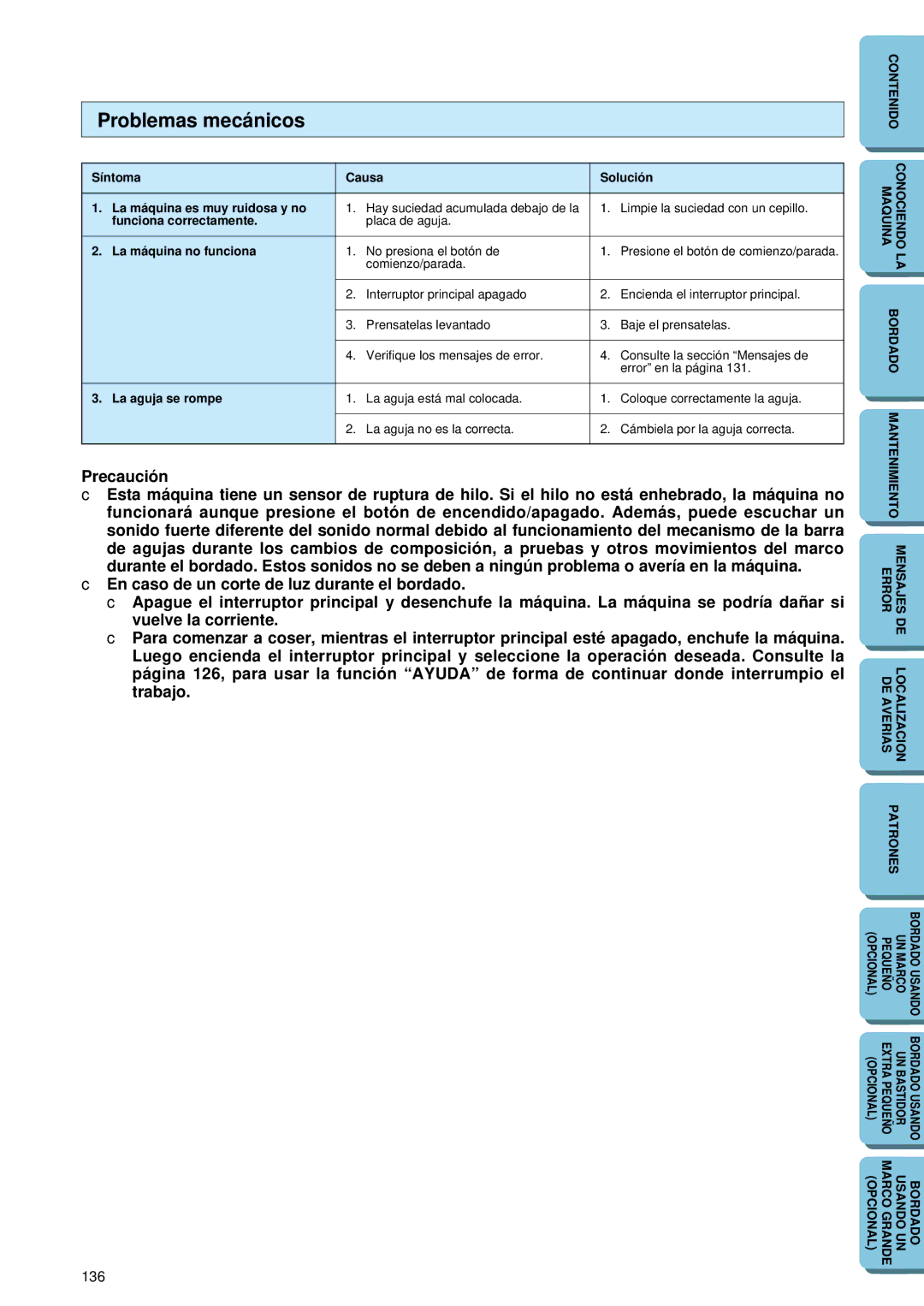 Brother PE 150 manual Problemas mecánicos, La máquina no funciona 