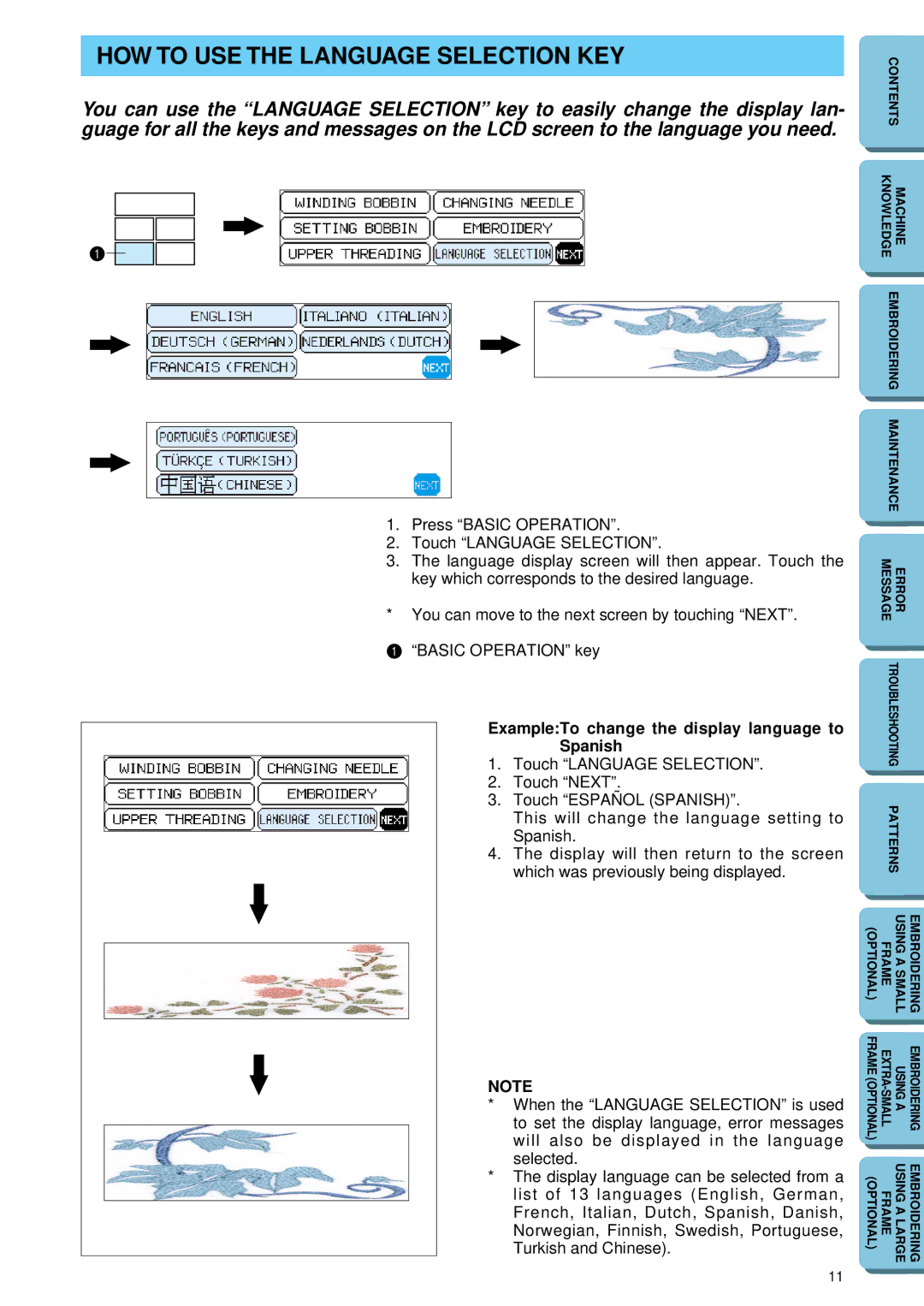 Brother PE 150 manual HOW to USE the Language Selection KEY, ExampleTo change the display language to, Spanish 