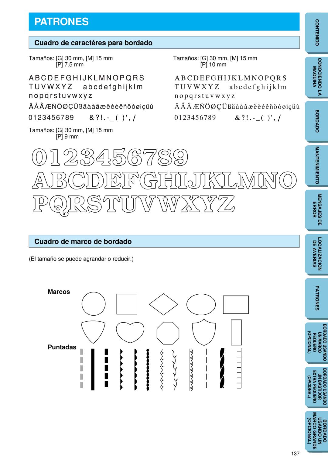 Brother PE 150 manual Patrones, Cuadro de caractéres para bordado, Cuadro de marco de bordado, Marcos Puntadas 