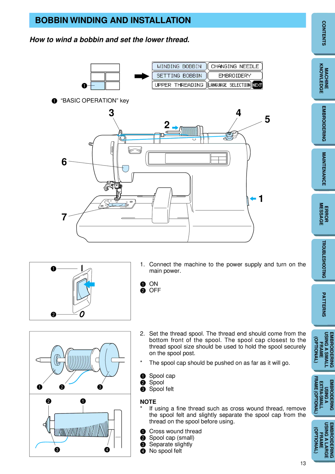 Brother PE 150 manual Bobbin Winding and Installation, How to wind a bobbin and set the lower thread, Basic Operation key 