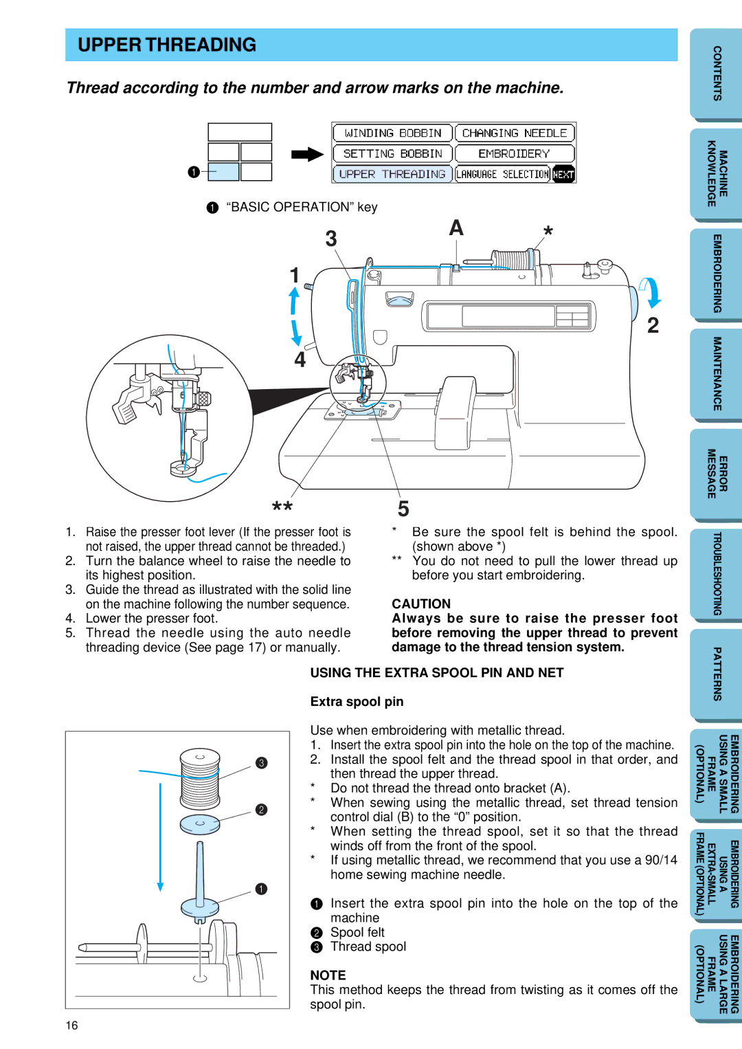 Brother PE 150 manual Upper Threading, Extra spool pin 