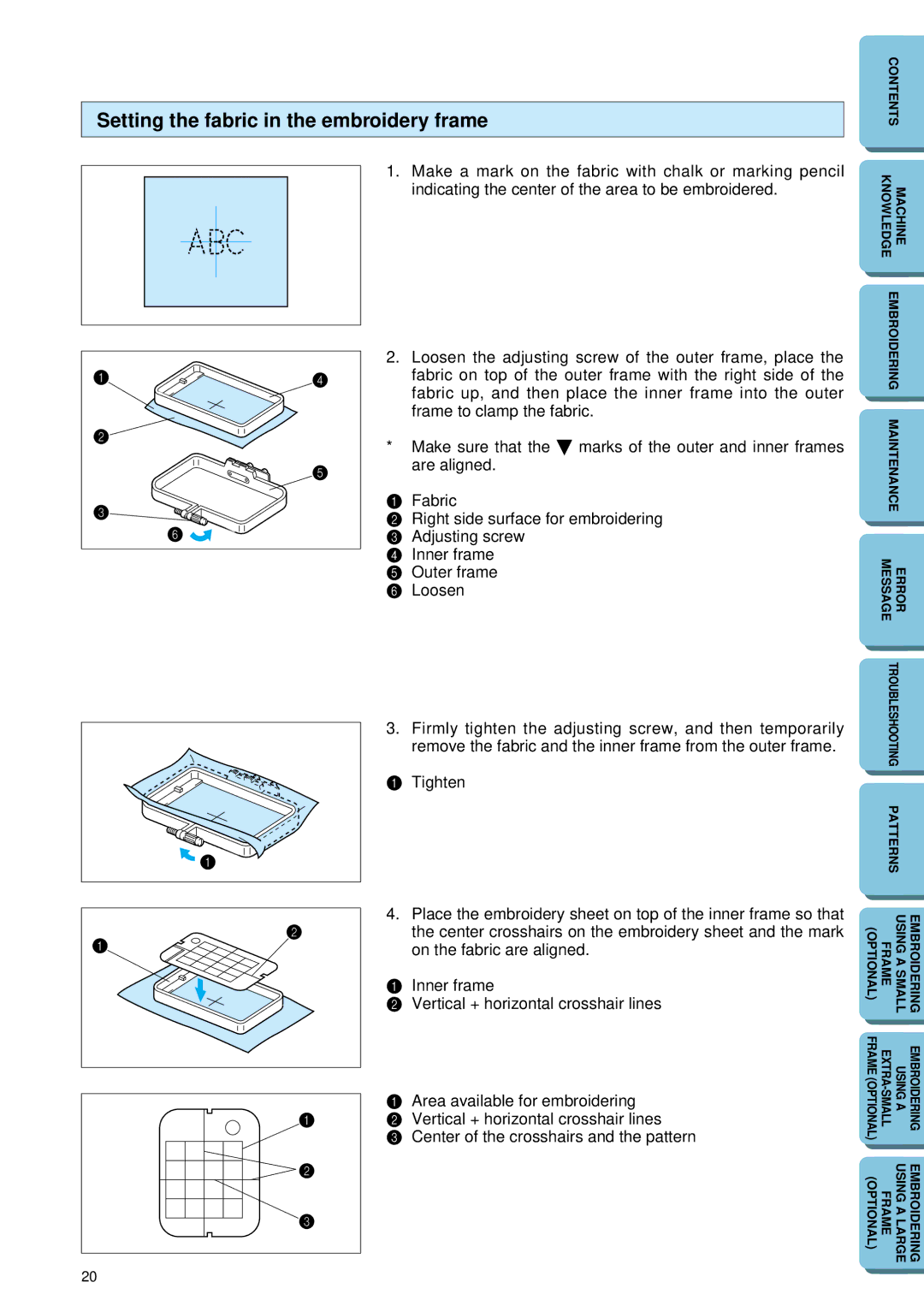 Brother PE 150 manual Setting the fabric in the embroidery frame 