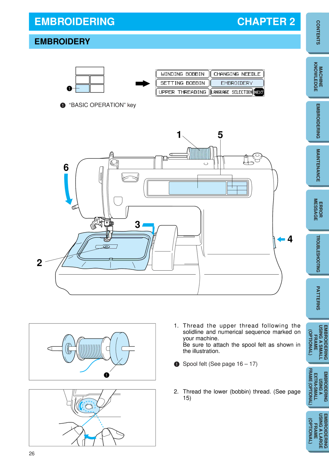 Brother PE 150 Embroidering, Embroidery, Thread the upper thread following, Solidline and numerical sequence marked on 