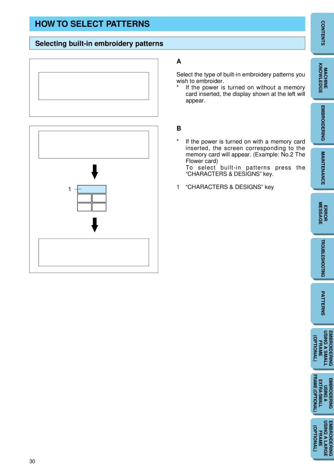 Brother PE 150 manual HOW to Select Patterns, Selecting built-in embroidery patterns 