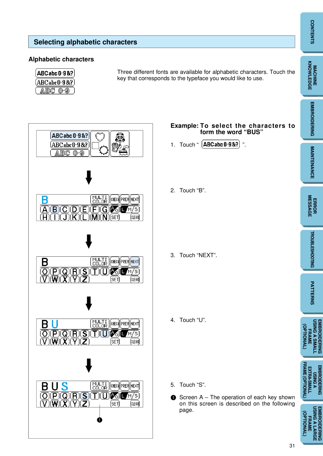 Brother PE 150 manual Selecting alphabetic characters, Alphabetic characters 