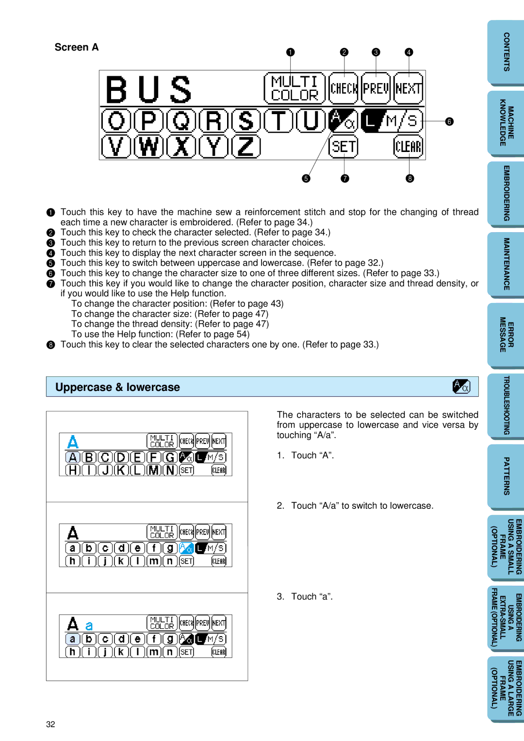 Brother PE 150 manual Uppercase & lowercase, Screen a 