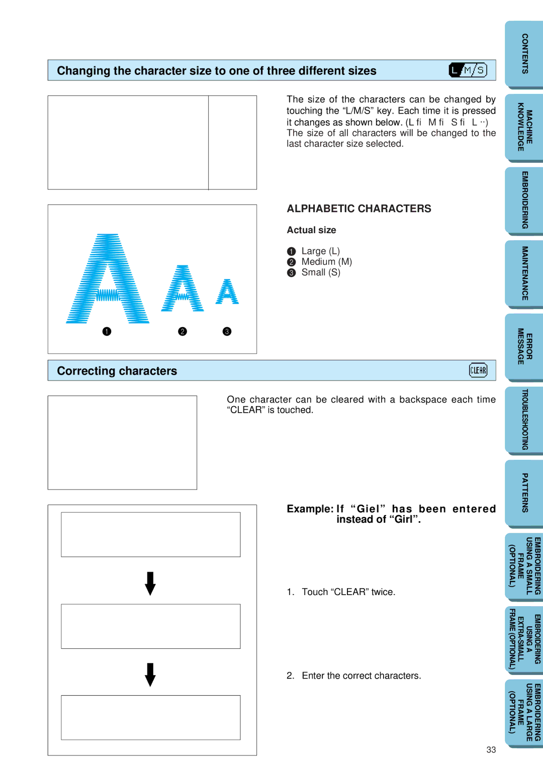 Brother PE 150 manual Changing the character size to one of three different sizes, Correcting characters 