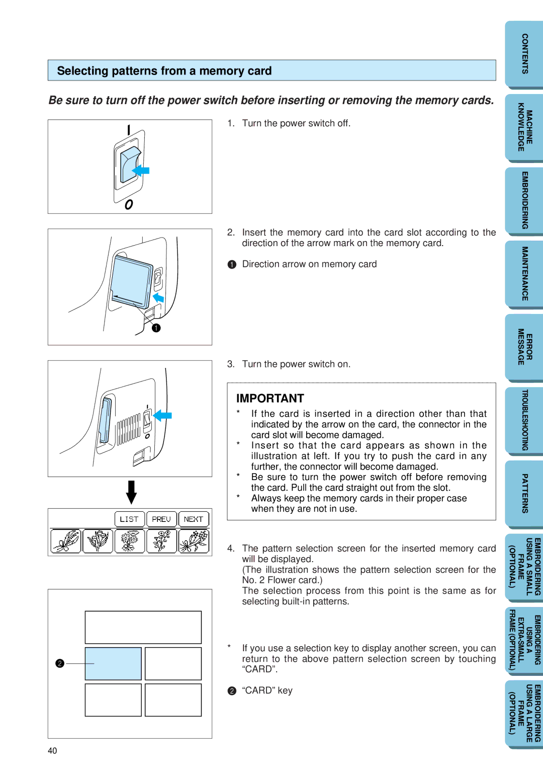 Brother PE 150 manual Selecting patterns from a memory card 