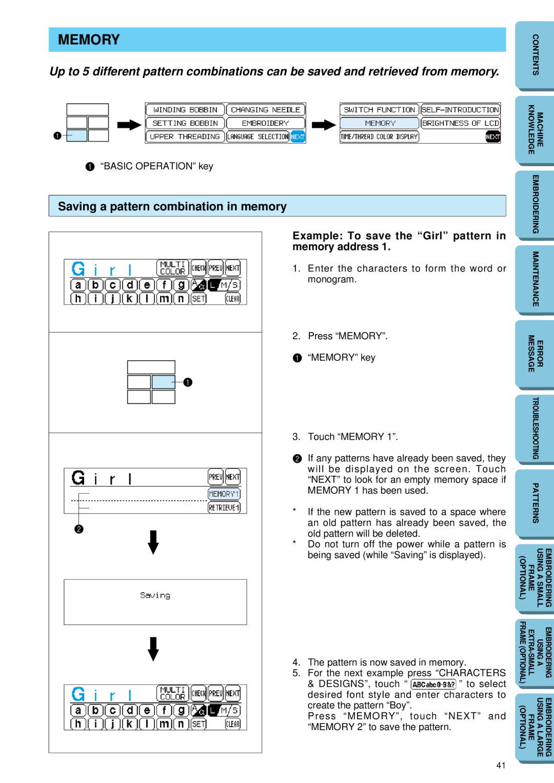 Brother PE 150 manual Saving a pattern combination in memory, Example To save the Girl pattern Memory address 